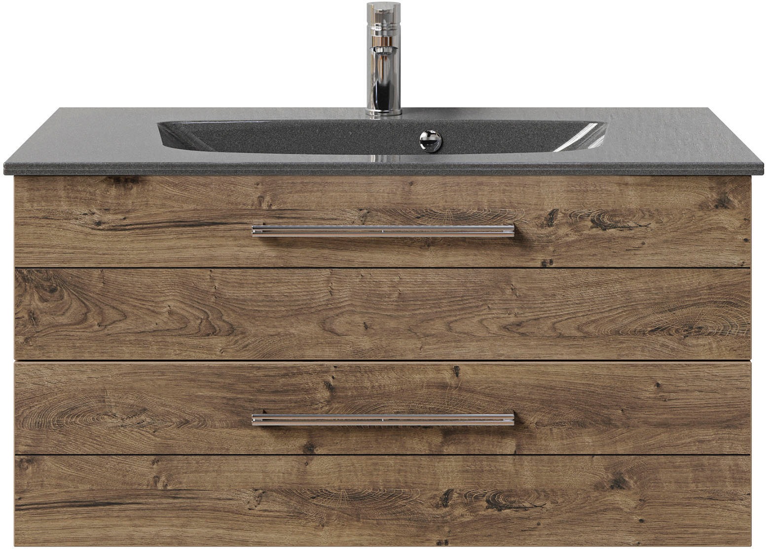 Saphir Badmöbel-Set »Serie 6025 2-teilig Mineralmarmor-Waschtisch mit LED-Spiegelschrank«, (2 St.), Waschplatz 97 cm breit, 2 Schubladen, 3 Spiegel-Türen, inkl Türdämpfer