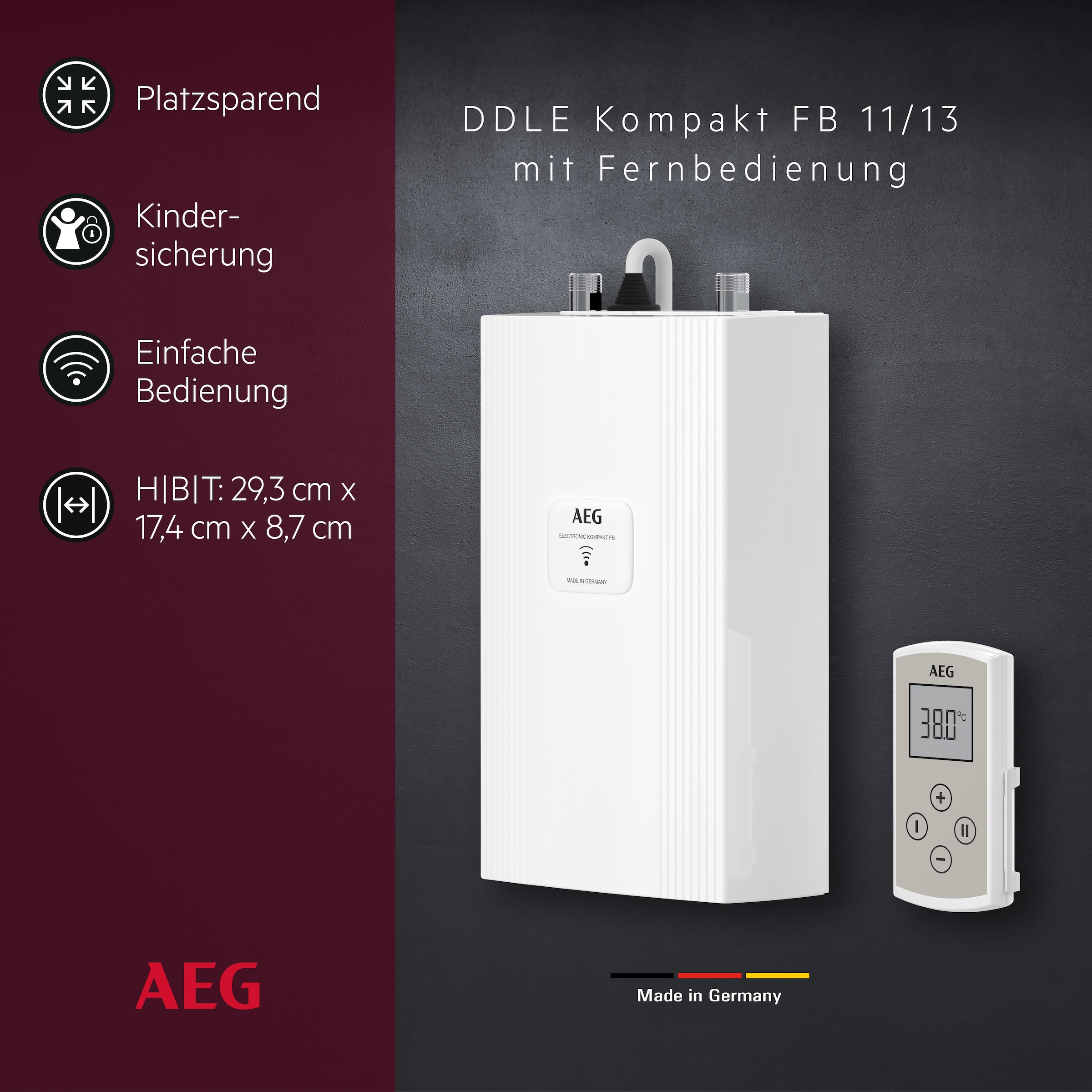 AEG Haustechnik Kompakt-Durchlauferhitzer »DDLE Kompakt FB«, 11/13 kW umschaltbar, Fernbedienung, Untertischmontage, für die Küche