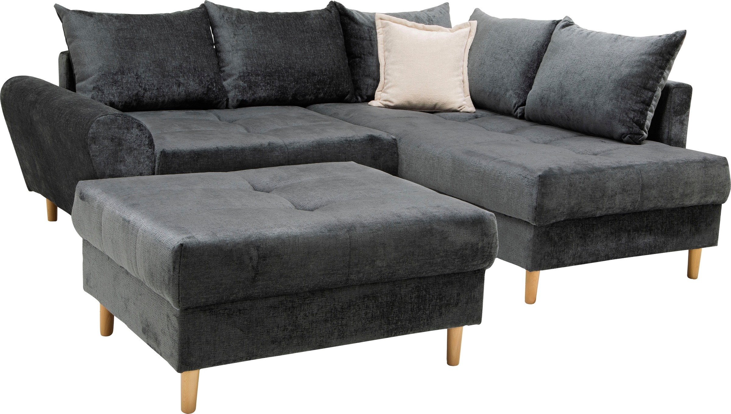 COLLECTION AB Ecksofa »Reims L-Form«, Ottomane beidseitig montierbar, inkl. Bettfunktion und Hocker