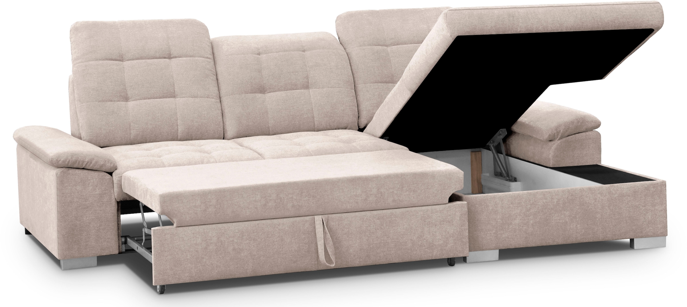 WERK2 Ecksofa »Carmen 264 cm breit L-Form Sofa Schlaffunktion Kopfstützen verstellbar« Schlafcouch mit Bettkasten, Eckcouch wahlw. mit Sitztiefenverstellung