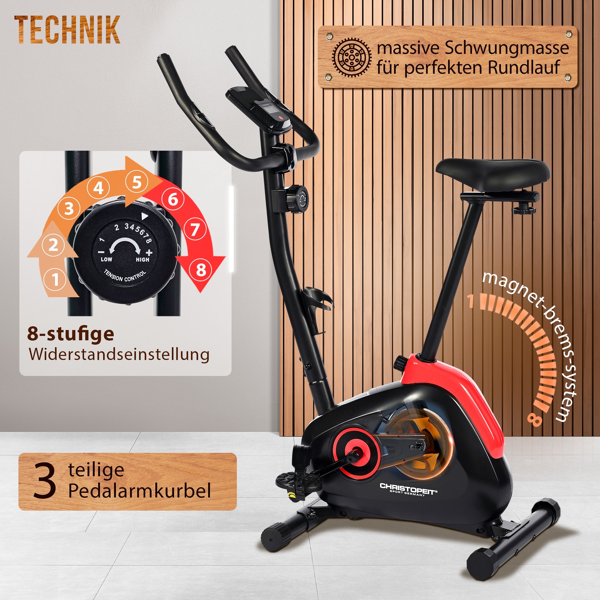 Christopeit Sport® Heimtrainer »HT 2.0«, (3-teilige Pedalarmkurbel), Schwungmasse ca. 5 kg, 8 Widerstandsstufen