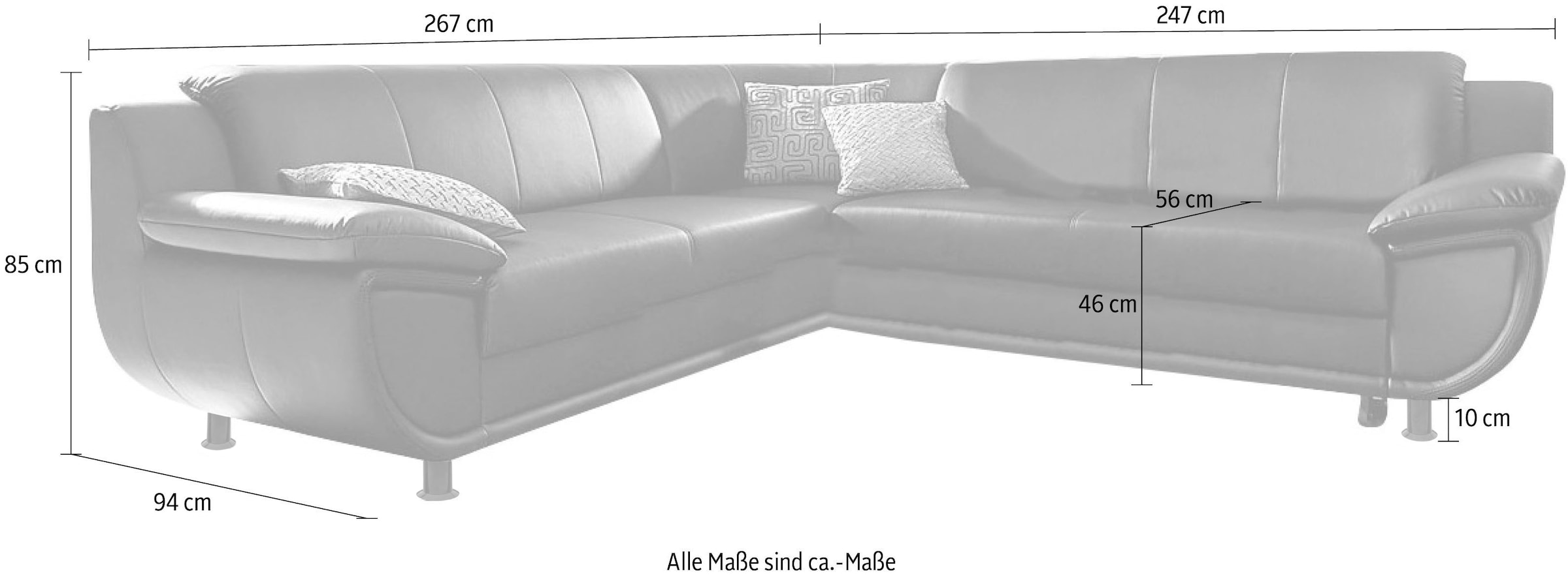 TRENDMANUFAKTUR Ecksofa »Rondo wahlweise mit Schlaffunktion, 267x247 cm (BxT), breite Armlehnen« L-Form, wahlweise mit Federkern bestellbar, Füße schwarz