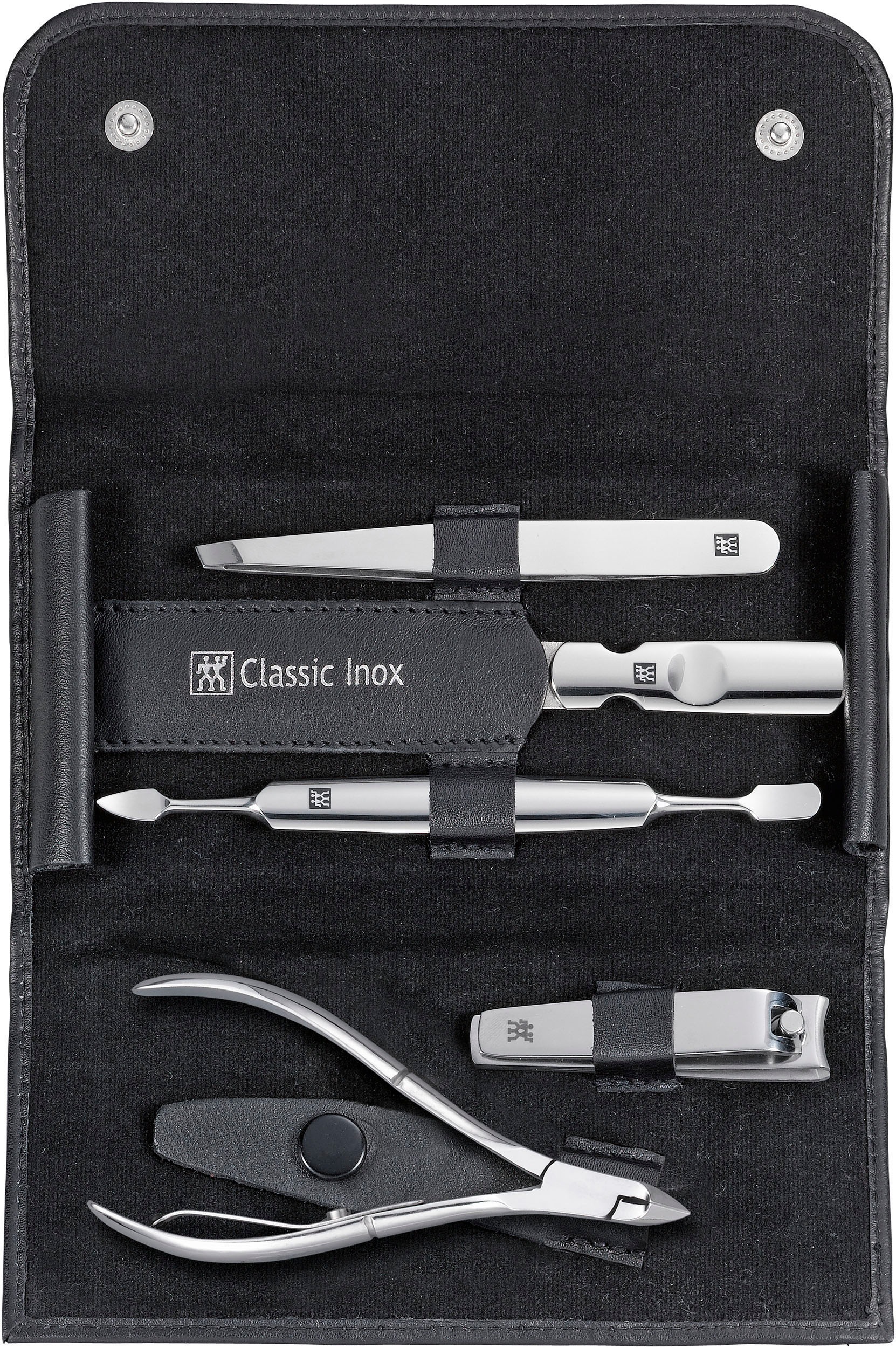 Zwilling Maniküre-Etui »CLASSIC INOX DRUCKKNOPF-ETUI SCHWARZ«, (5 tlg.)