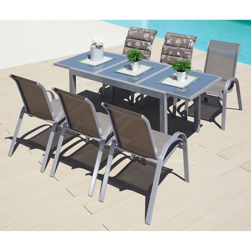 MERXX Garten-Essgruppe »Amalfi«, (7 tlg., 6x Stapelsessel, 1x Ausziehtisch 140(200)x90 cm)