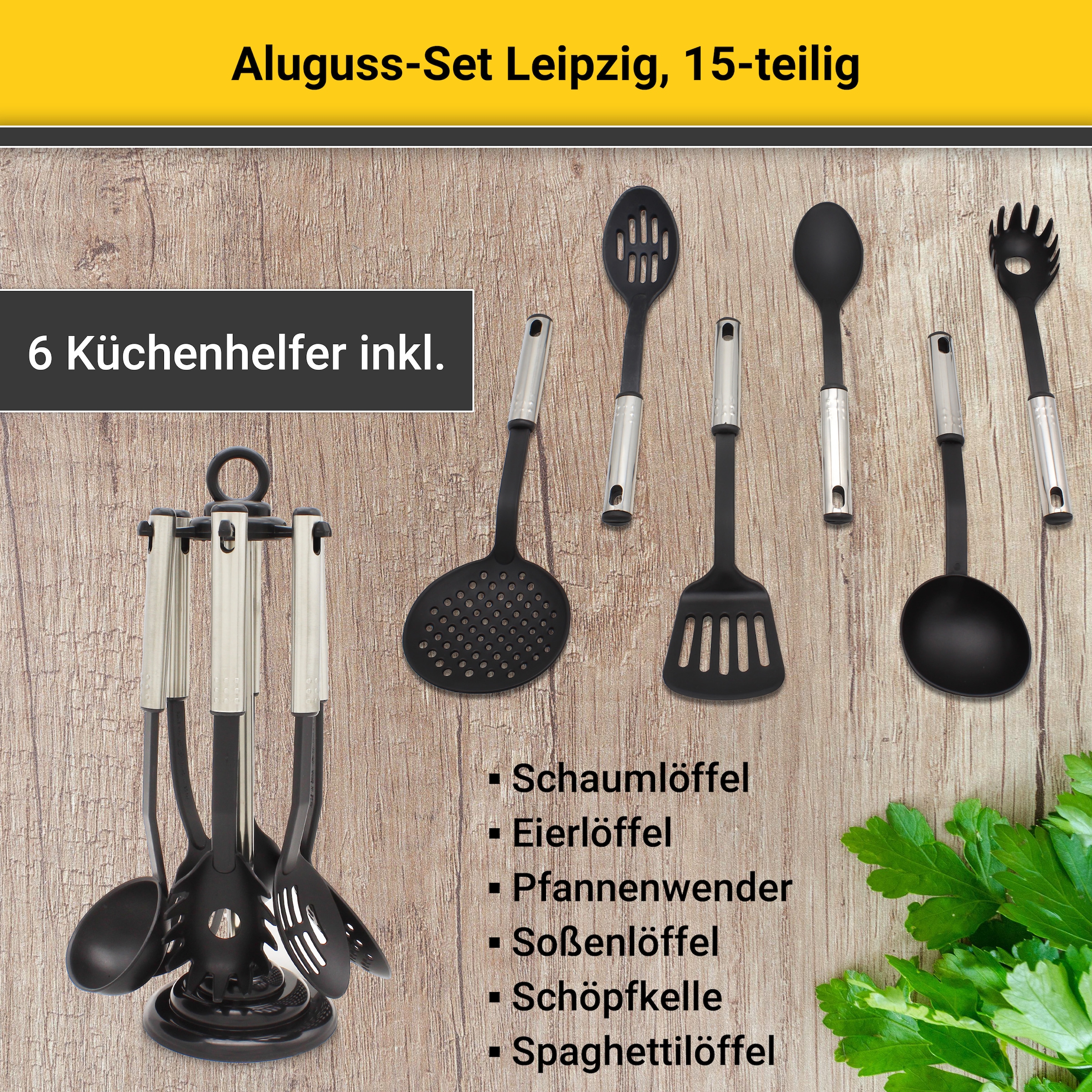 Krüger Topf-Set »Aluguss Topf-/ Pfannenset LEIPZIG inkl. Küchenhelfern, 15 tlg.«, Aluminiumguss, (Set, 15 tlg., Fleischtopf 16+20+24 cm, Pfanne flach 20+28 cm, 7 tlg. Küchenhelferset), inkl. 7-tlg. Küchenhelfer-Set