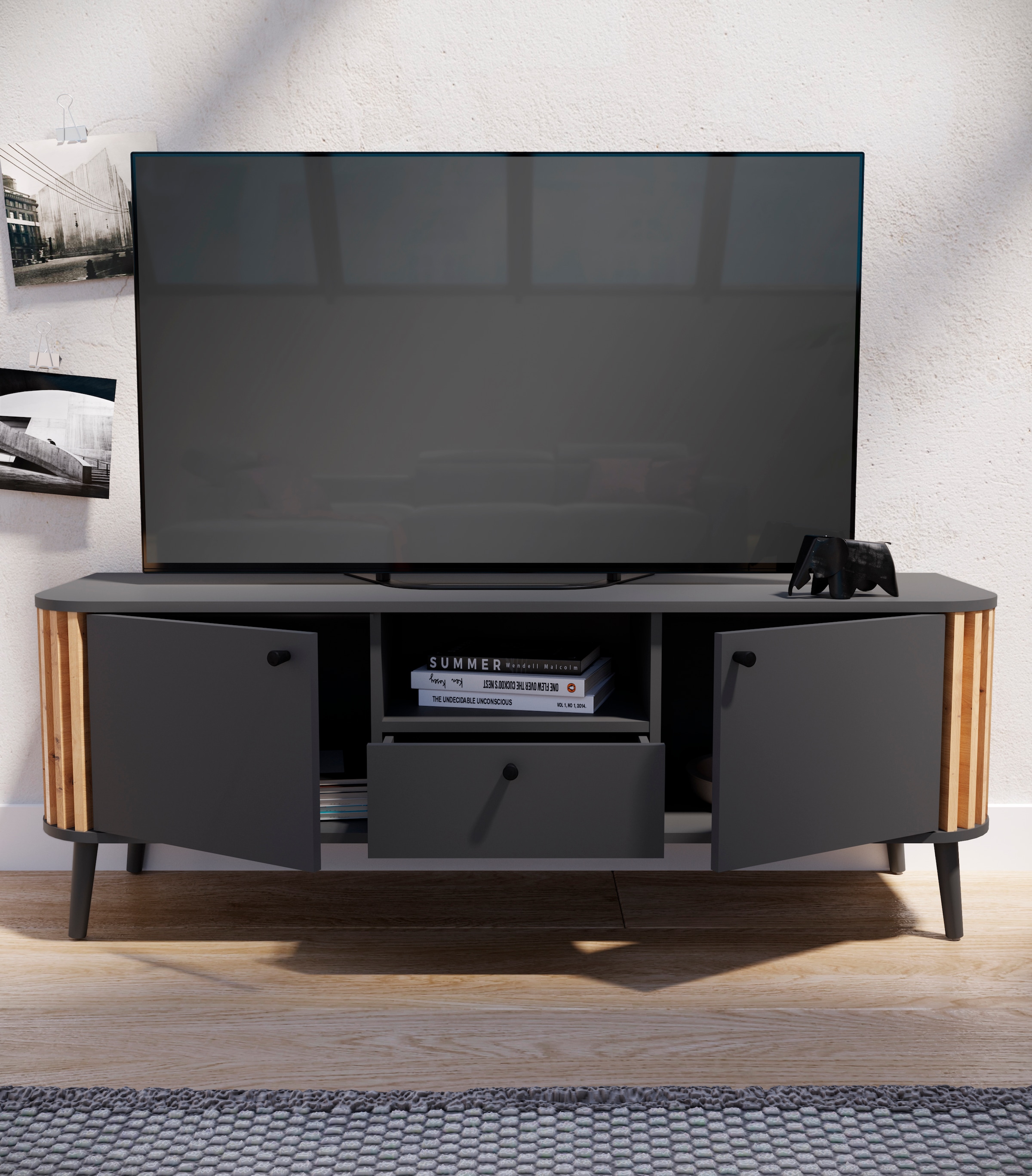 INOSIGN Lowboard »Stavanger, Breite 138cm, Paneel-Stäbchen-Optik, 1 Schubkasten, 2 Türen«, (1 St.), 1 offenes Fach, TV-Möbel, TV-Schrank, TV-Lowboard, Mediaboard