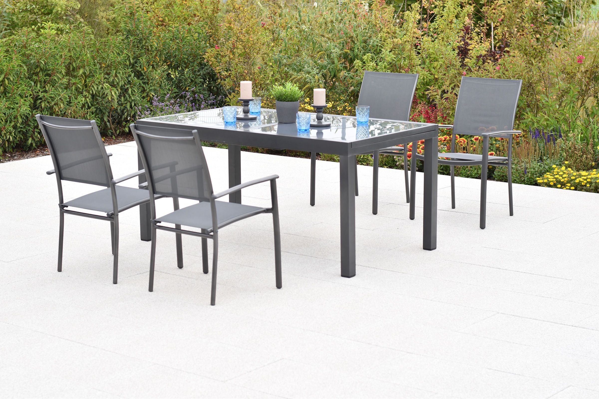 MERXX Garten-Essgruppe »»Milano«« Set, 5 Stk. tlg. Sessel stapelbar, Tisch ausziehbar