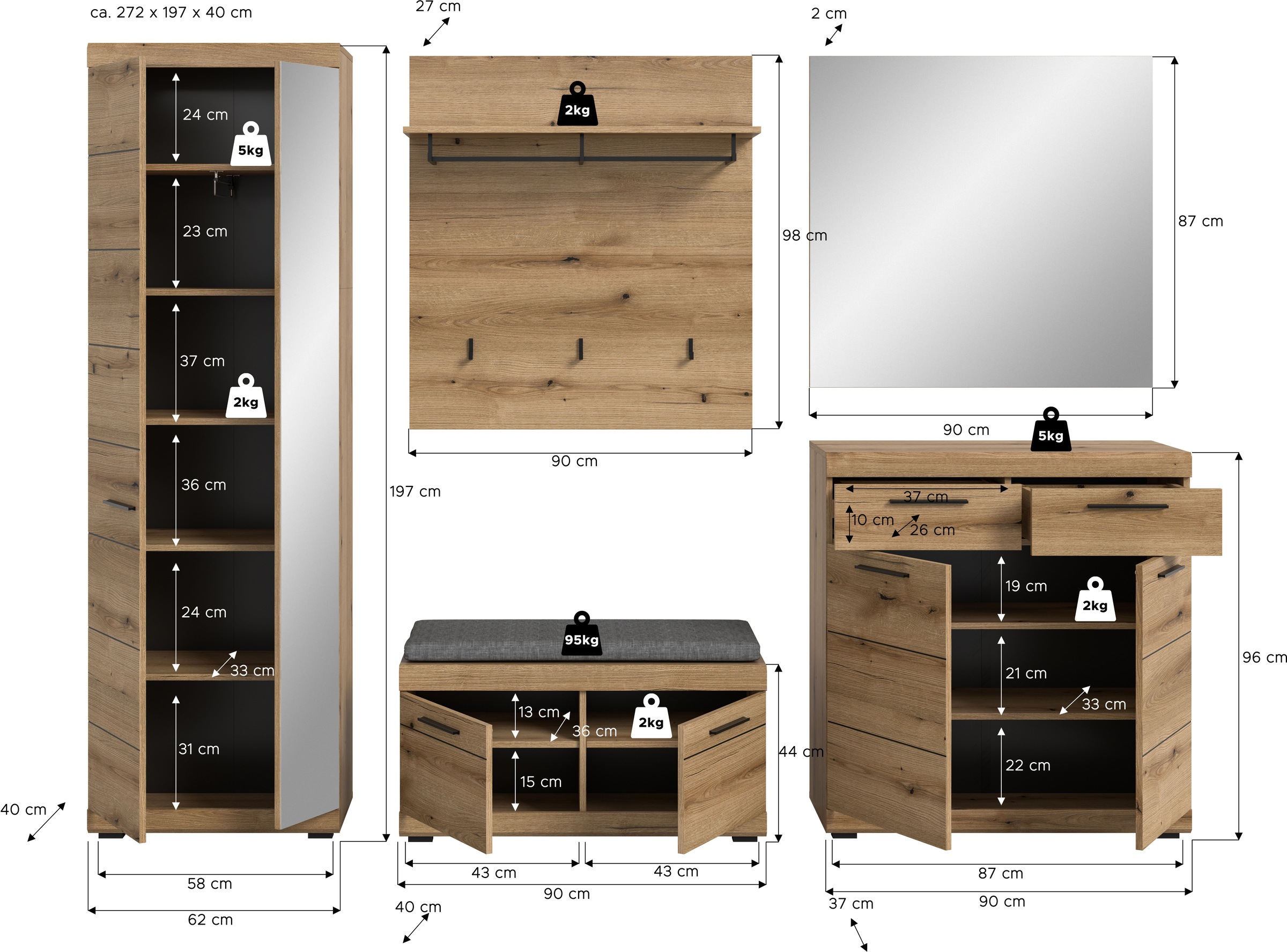 INOSIGN Garderoben-Set, (Komplett-Set, 5 St.), Scout Garderobenkombination 5-tlg., Flur, Diele
