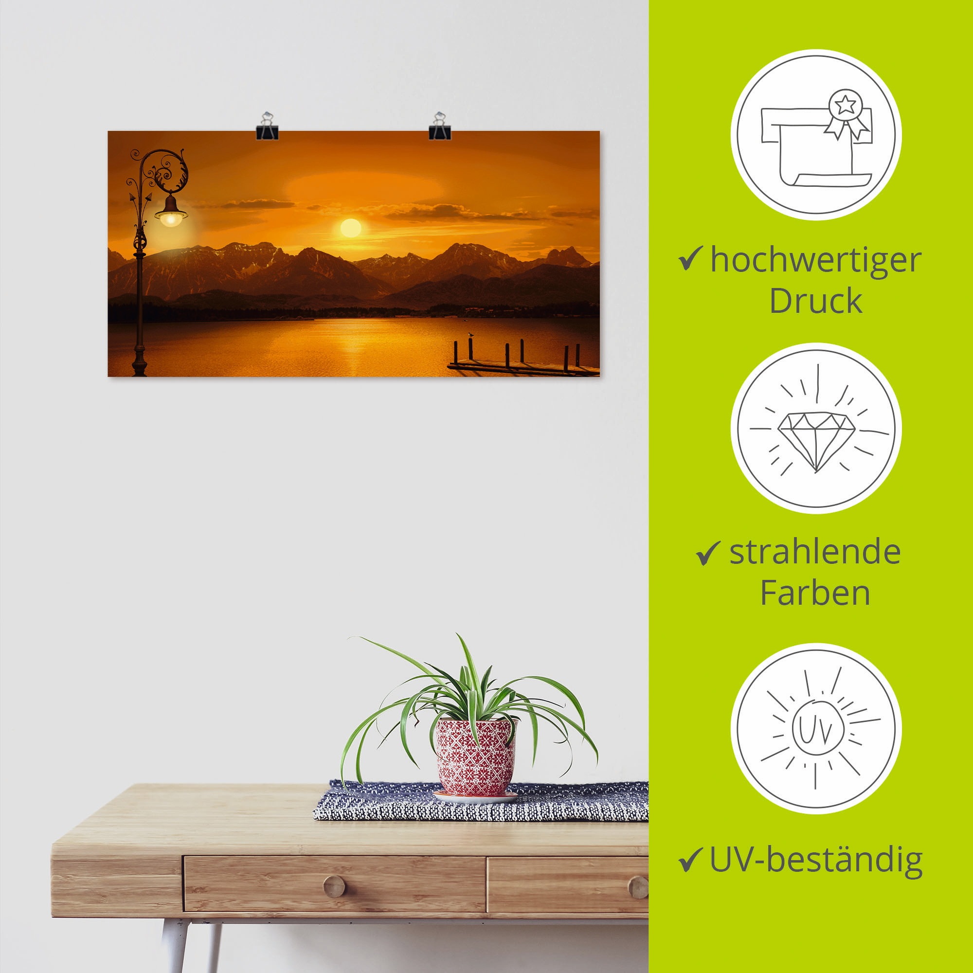 Artland Poster »Der Bergsee im Abendlicht«, Berge, (1 St.), als Leinwandbild, Wandaufkleber oder Poster in versch. Größen