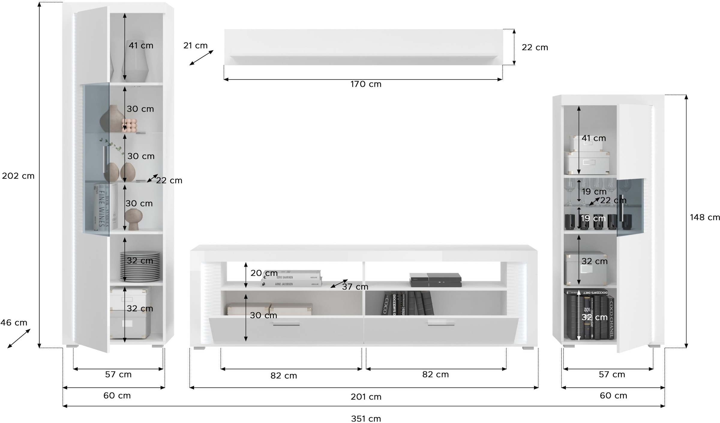 INOSIGN Wohnwand »Viborg, 4-teiliges Set, inkl. vertikaler Frontbeleuchtung, best. aus:«, (4 St.), 1x Vitrine hoch, 1 Lowboard, 1x Wandboard & 1 Vitrine halbhoch