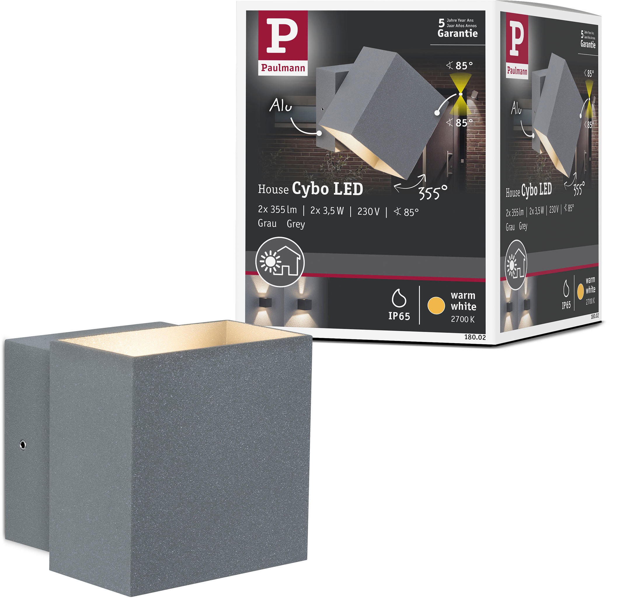 Paulmann LED Außen-Wandleuchte »Outdoor 230V Cybo LED 2x3,5W 230V IP65 eckig 100x100mm Grau Aluminium«, 2 flammig, IP65 2x3,5W