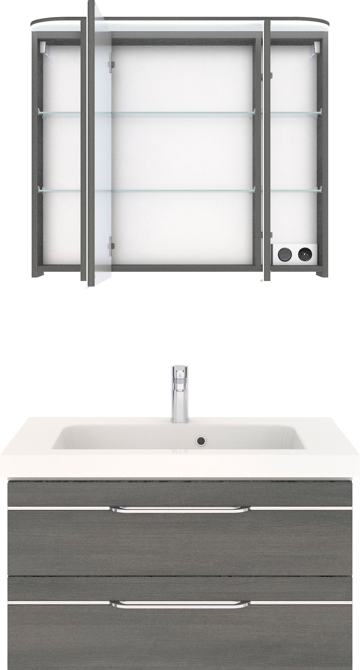 Saphir Badmöbel-Set »Balto Sprint 2-teilig, Mineralmarmor-Waschtisch mit LED-Spiegelschrank«, (2 St.), Badezimmer Set 92 cm breit, inkl. Türdämpfer, 3 Türen, 2 Schubladen