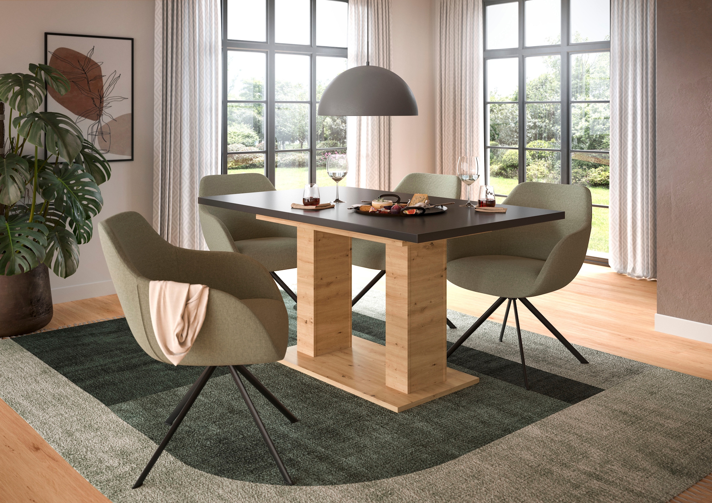 INOSIGN Esstisch »Motus, ausziehbar 150 -190 cm, inklusive 40 cm Einlegeplatte«, (Set, 1 St.), Doppelsäulengestell mit Bodenplatte, Tisch, Esstisch, Küche