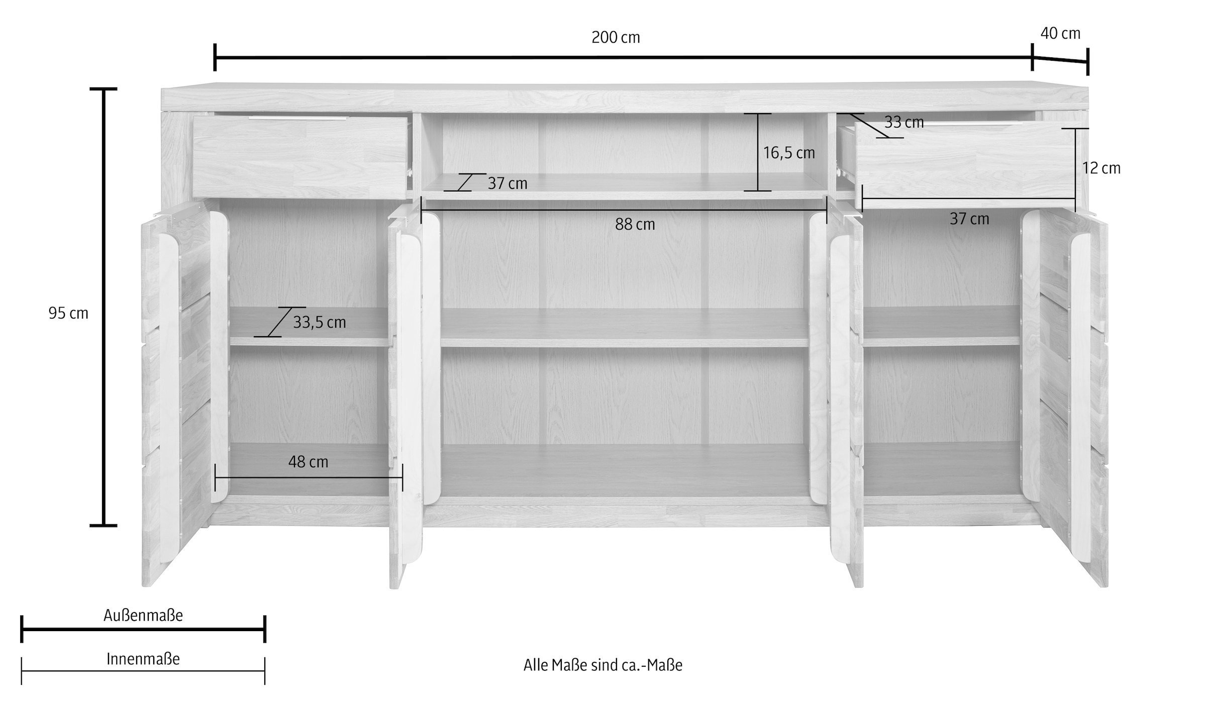 OTTO home Sideboard »Zara 2 Schubkästen, 7 Fächer« B/T/H: 200cm/40cm/95cm, Metallgriffe, Kernbuche