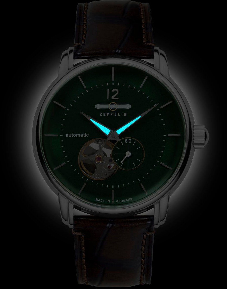 ZEPPELIN Automatikuhr »LZ 120 Bodensee«, Armbanduhr, Herrenuhr, offene Unruh, Lederarmband, Made in Germany
