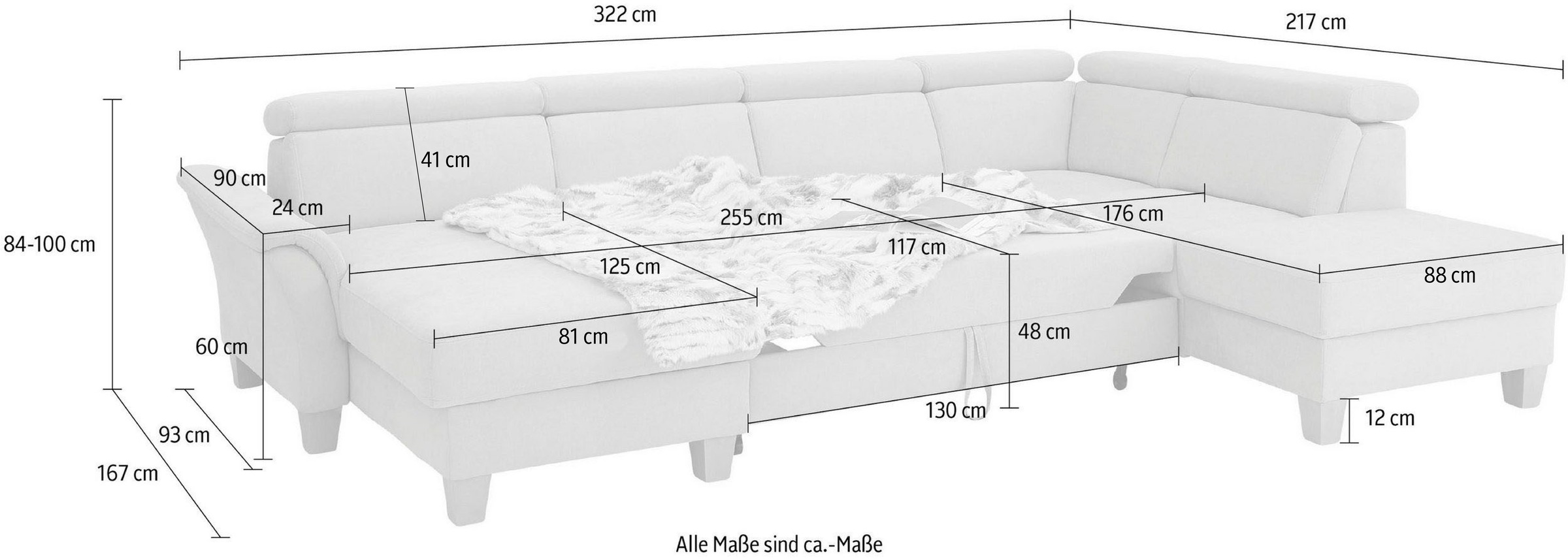 Home affaire Wohnlandschaft »Conville U-Form«, Kopfteilverstellung wahlweise mit Bettfunktion und Bettkasten