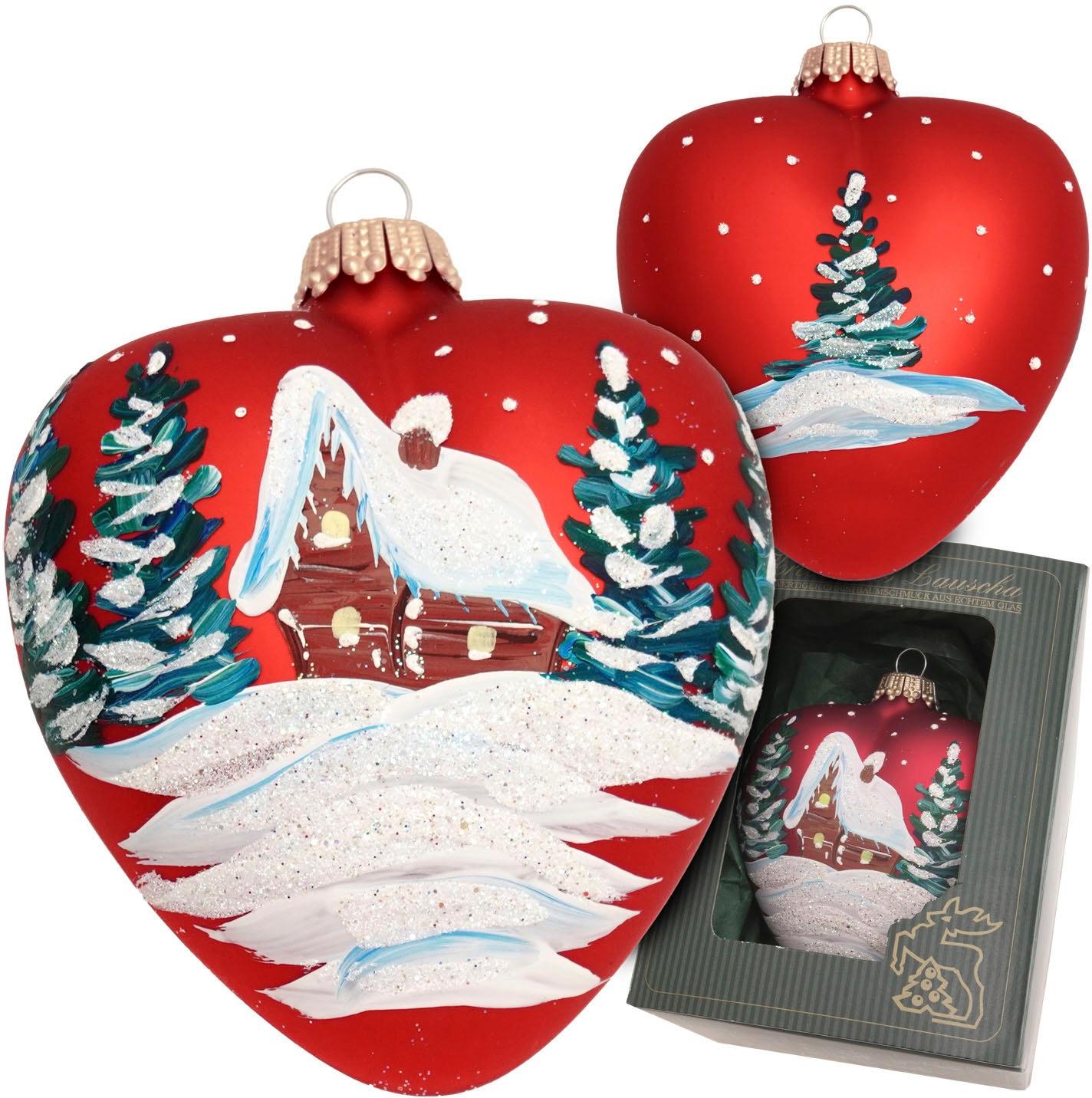 Krebs Glas Lauscha Christbaumschmuck »Herz mit verschneitem Haus« Christbaumschmuck aus Glas, mundgeblasen, handgefertigt, herzförmig