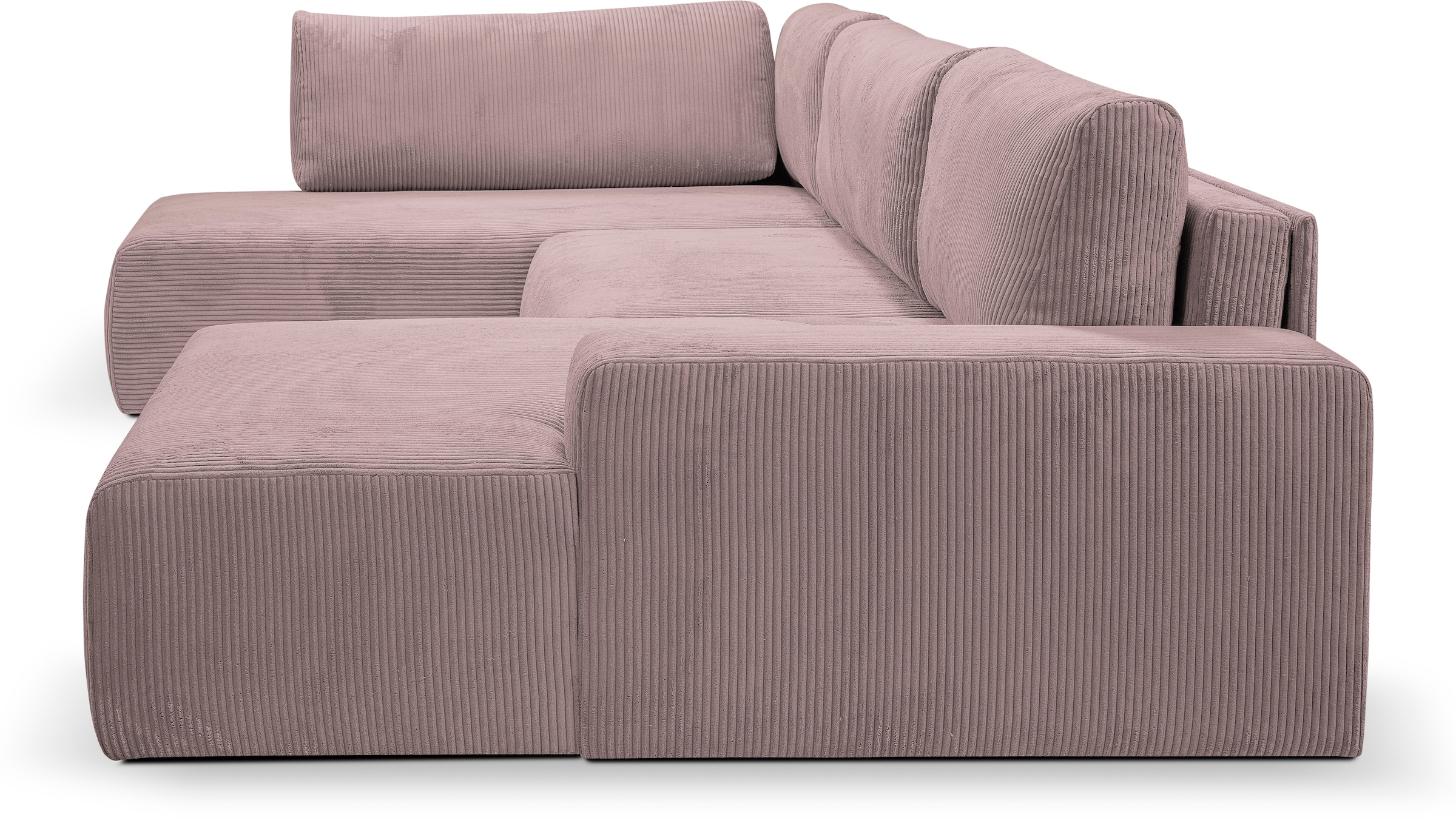 WERK2 Wohnlandschaft »Rotterdam-U, U-Form, in kuschelweichem Cord oder Breitcord«, Design Sofa mit Schlaffunktion & Bettkasten, Cord, Rose
