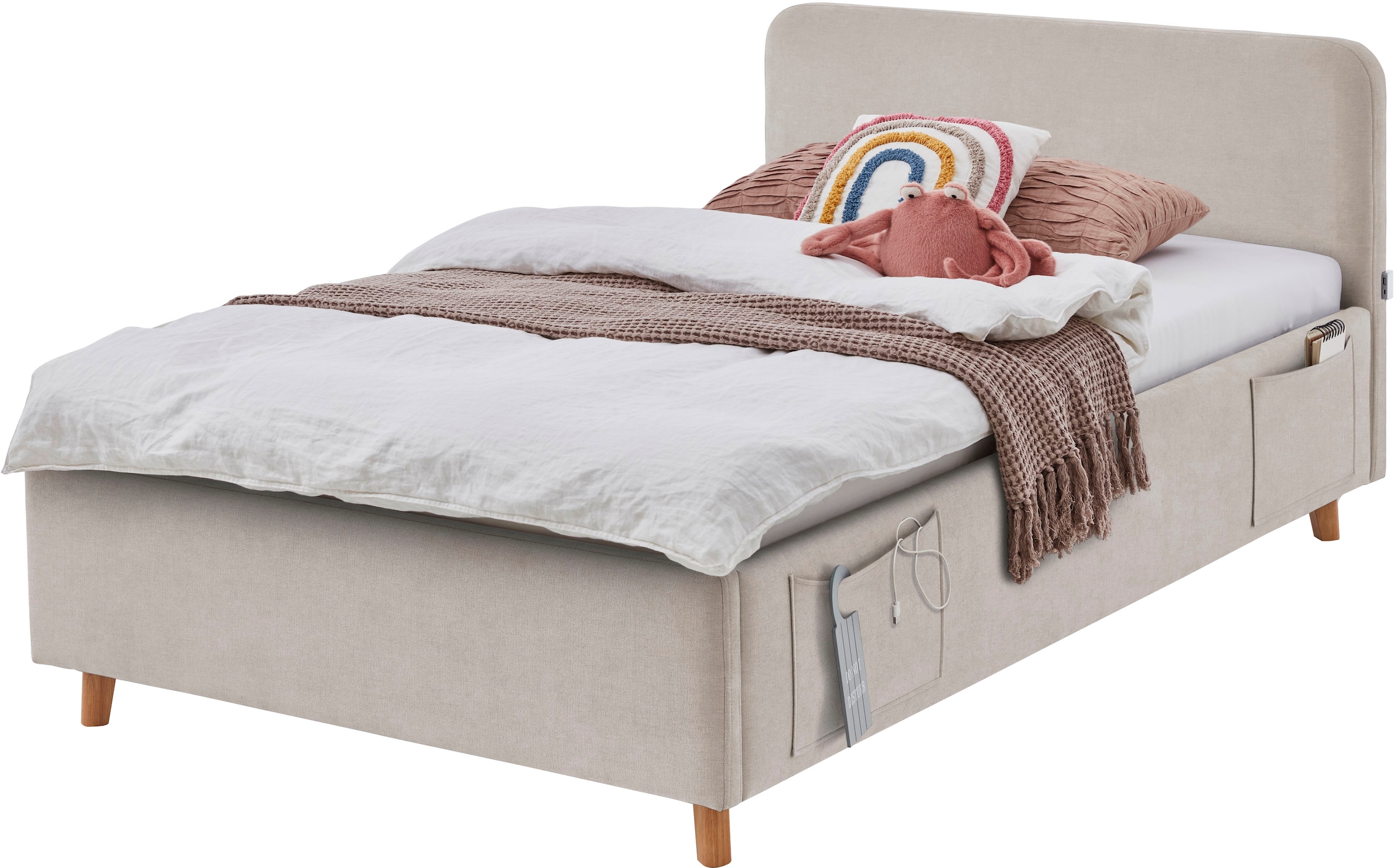 meise.möbel Kinderbett »COSY in de Breiten 90, 120 & 140 erhältlich, wahlweise mit Bettkasten« wahlweise mit Holzfuß in schwarz oder eiche, inkl. USB-Anschluss