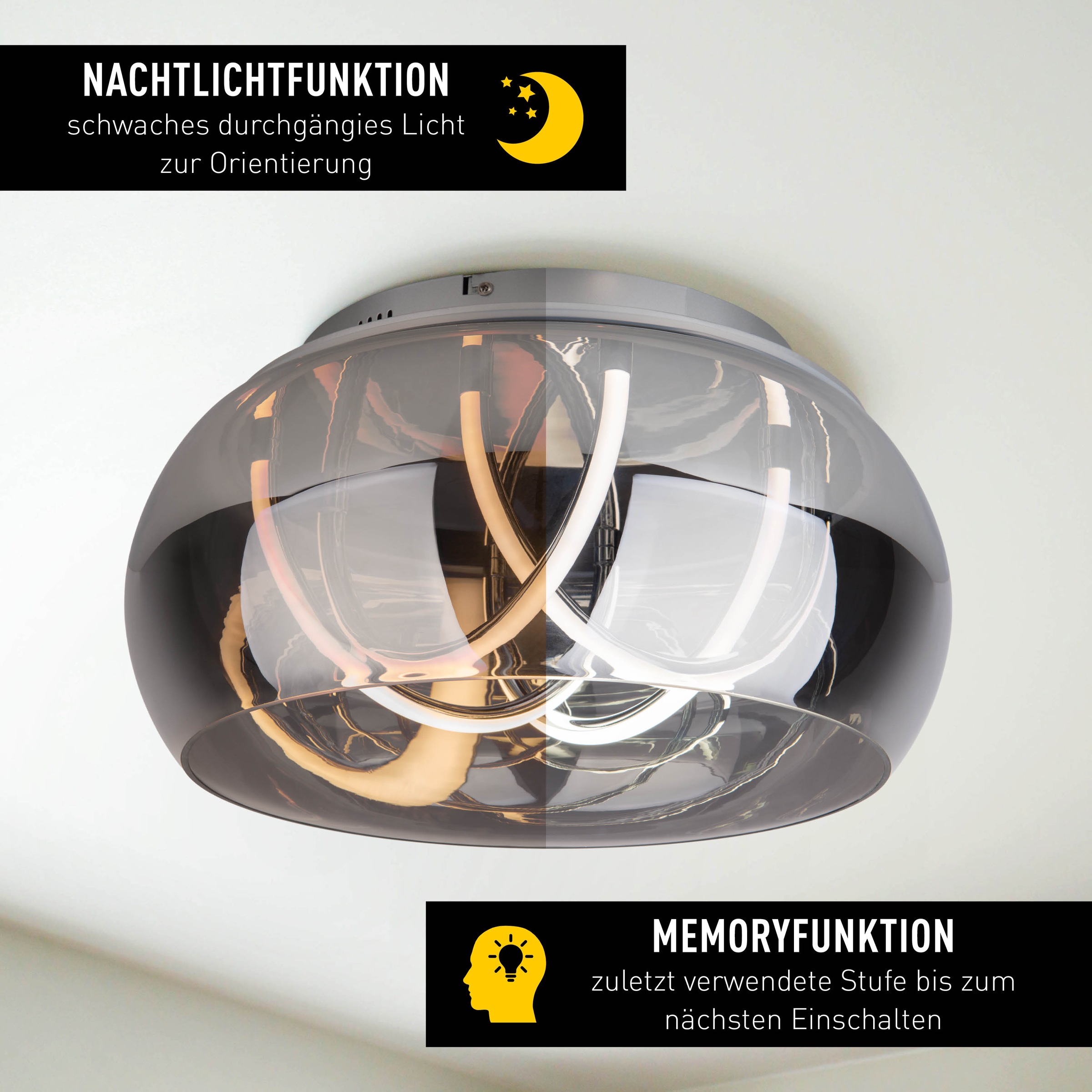 näve LED Deckenleuchte »Malou«, 1 flammig, Leuchtmittel LED-Modul | LED fest integriert, CCT, Memory, Nachtlicht, dimmbar, Funkfernbedienung, Glas smokey