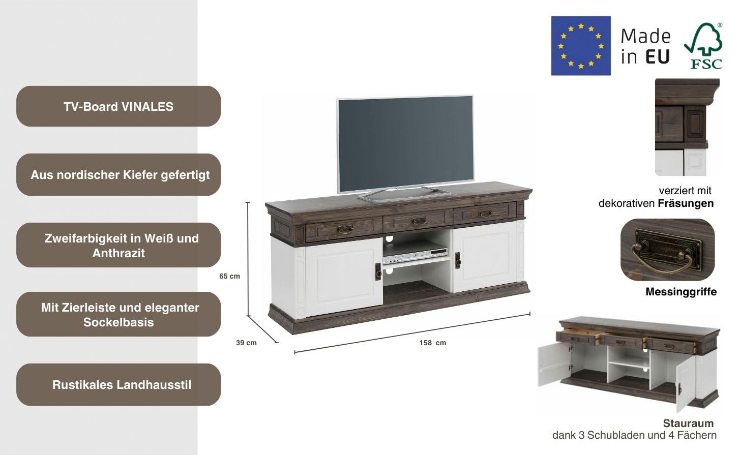 Home affaire TV-Board »Vinales«, Breite 158 cm, mit 3 Schubladen