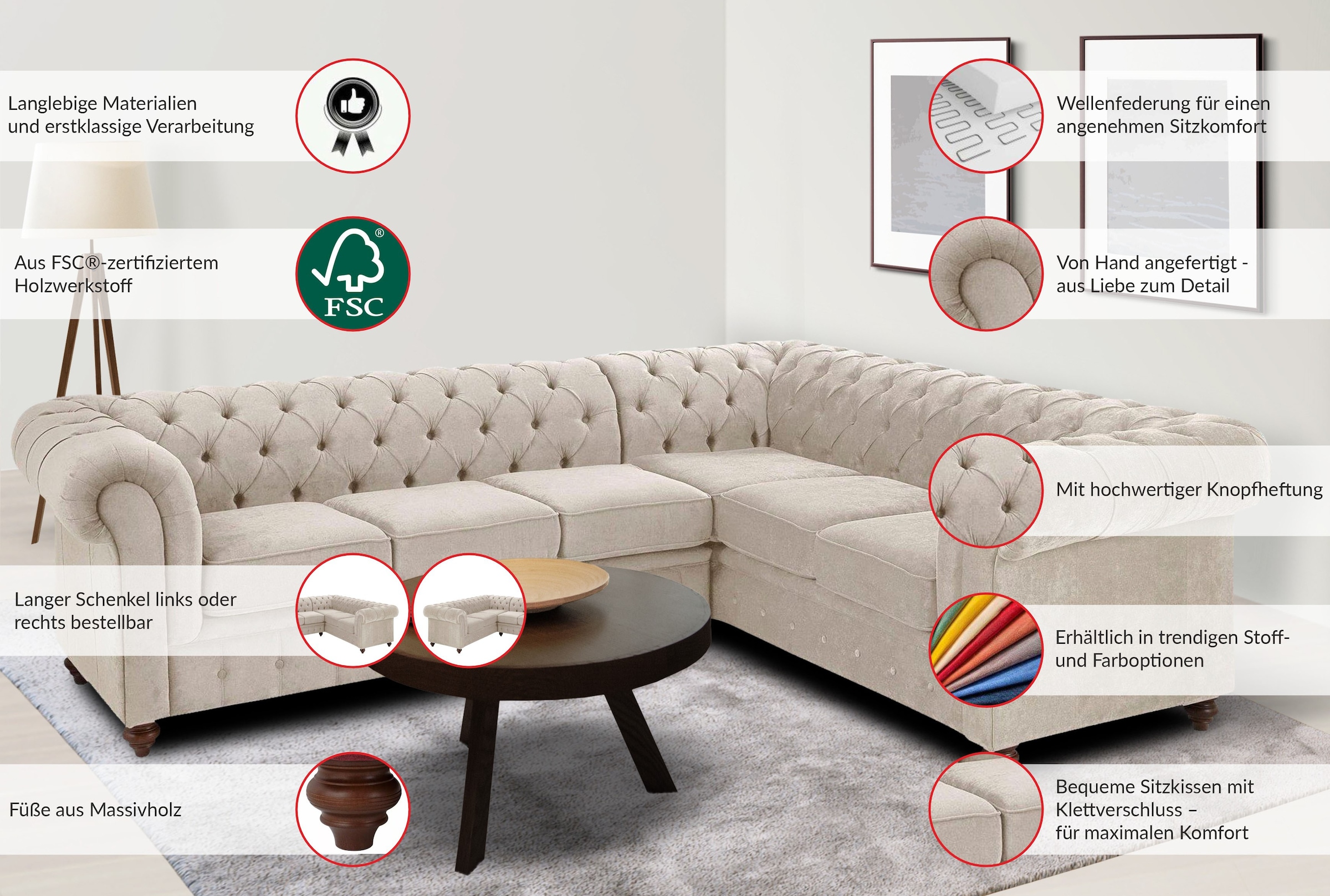 Home affaire Chesterfield-Sofa »Chesterfield Ecksofa, auch in Leder L-Form« günstig online kaufen