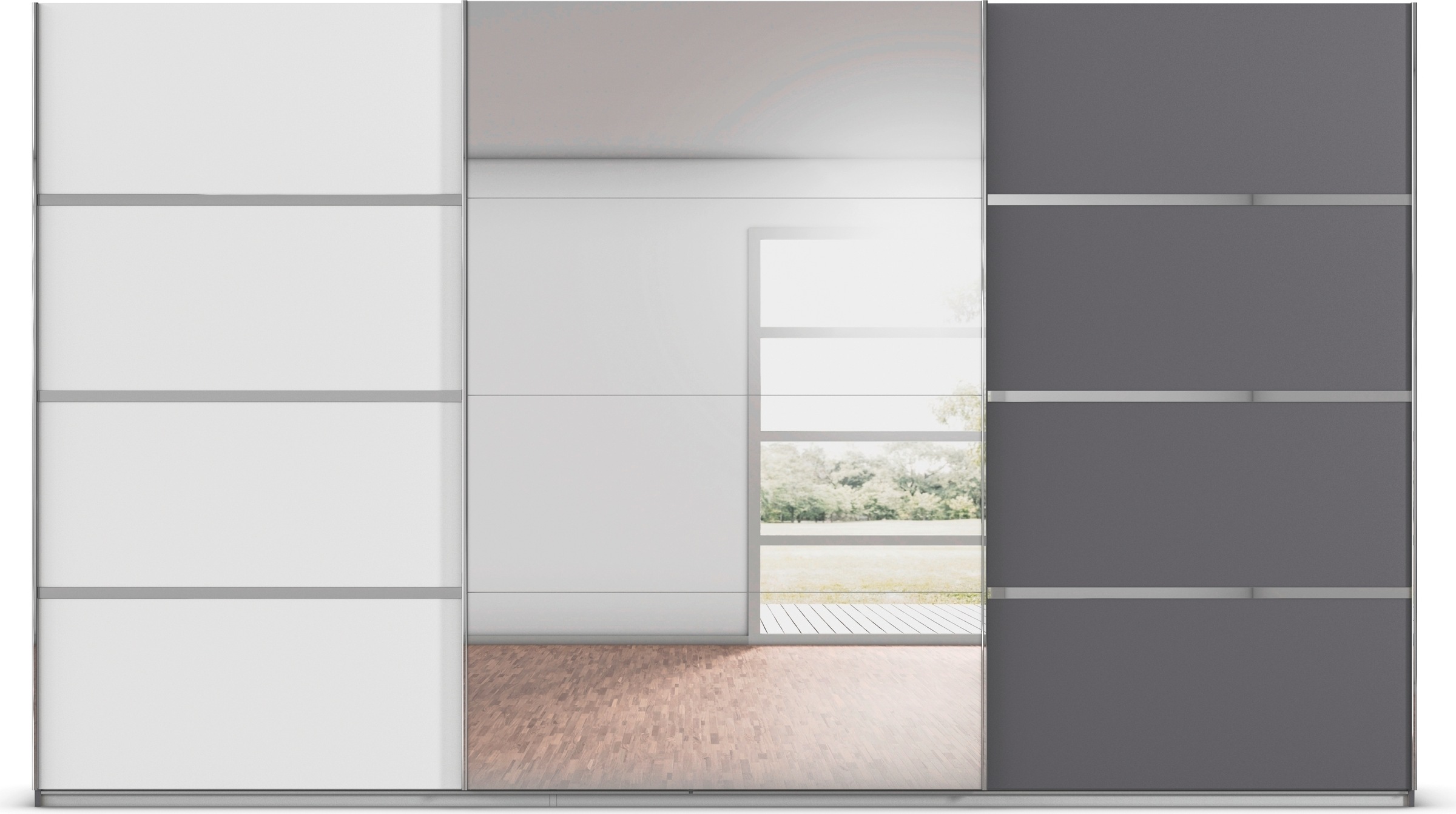 rauch Kleiderschrank »Schwebetürenschrank OTTO´s Choice Garderobe Schrank TOP ANGEBOT Avola«, (in 3 verschiedenen Ausstattungen BASIC/CLASSIC/PREMIUM inkl. Spiegel), mit eleganten Zierleisten in Chrom, Schwarz oder Weiß MADE IN GERMANY