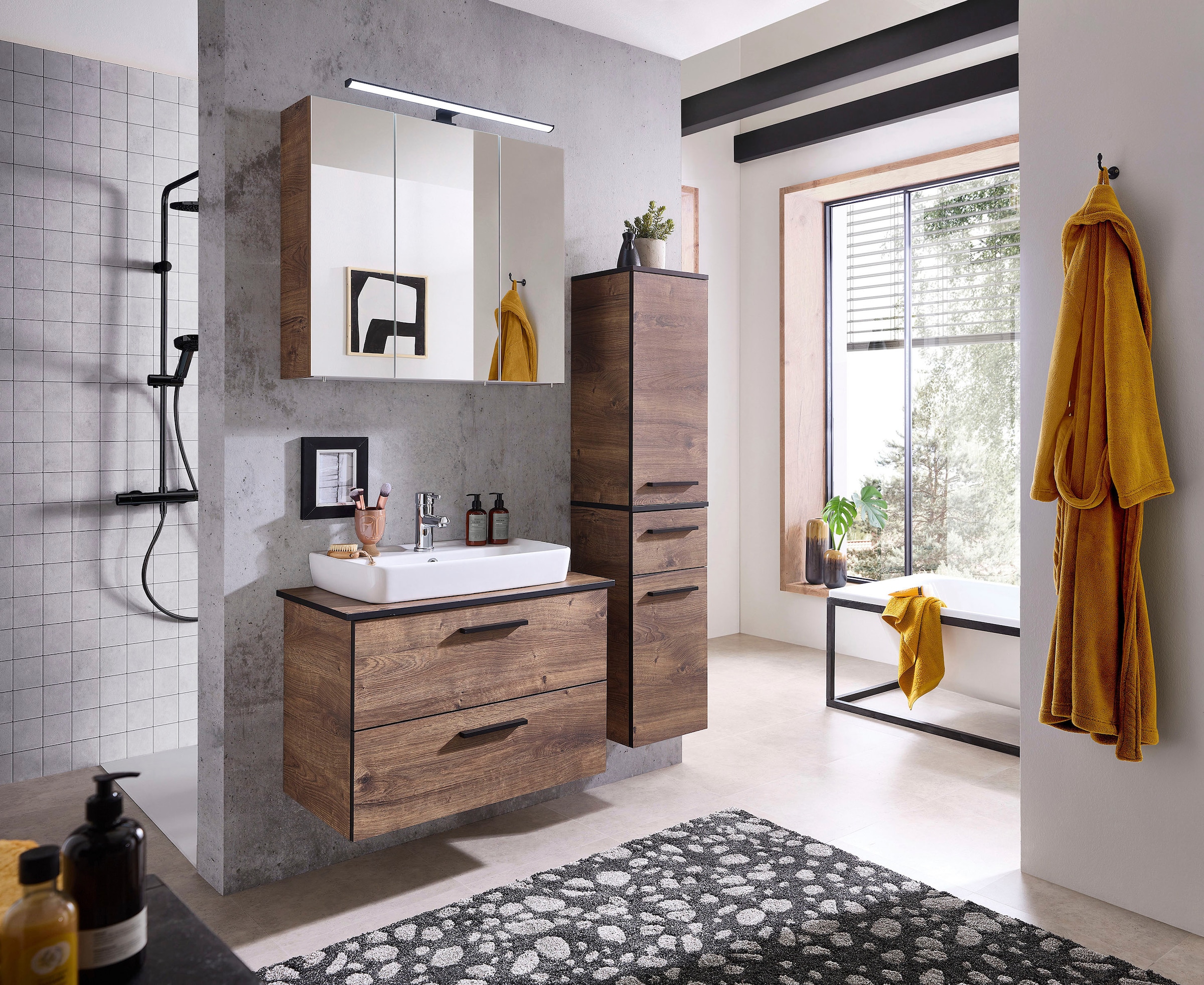 Saphir Badmöbel-Set »Quickset 374 Keramik-Aufsatzwaschtisch mit Unterschrank, 73 cm breit«, (3 St.), Waschplatz mit 2 Schubladen, Eiche Ribbeck quer Nachbildung