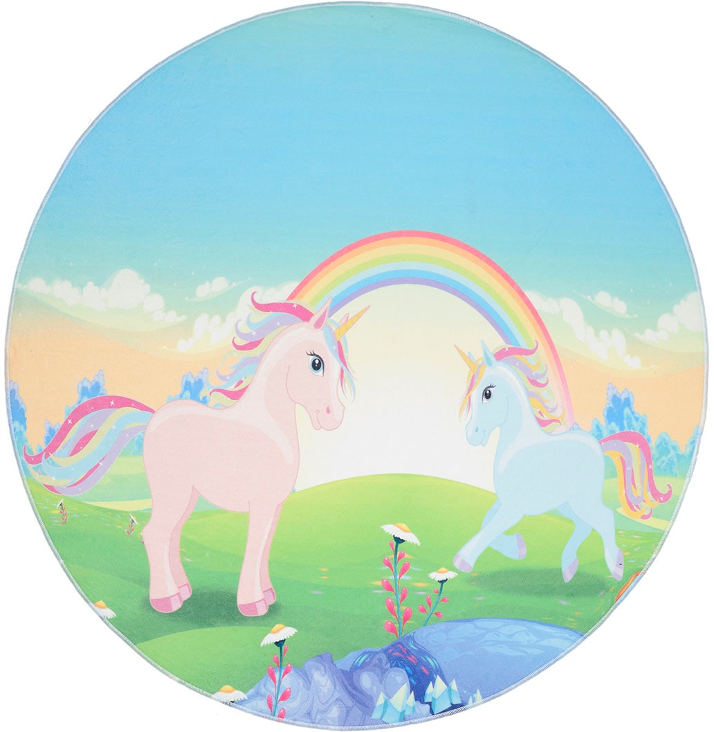 Böing Carpet Kinderteppich »Einhorn«, rund, 4 mm Höhe, bedruckt, Motiv Einhörner & Regenbogen, waschbar, Kinderzimmer