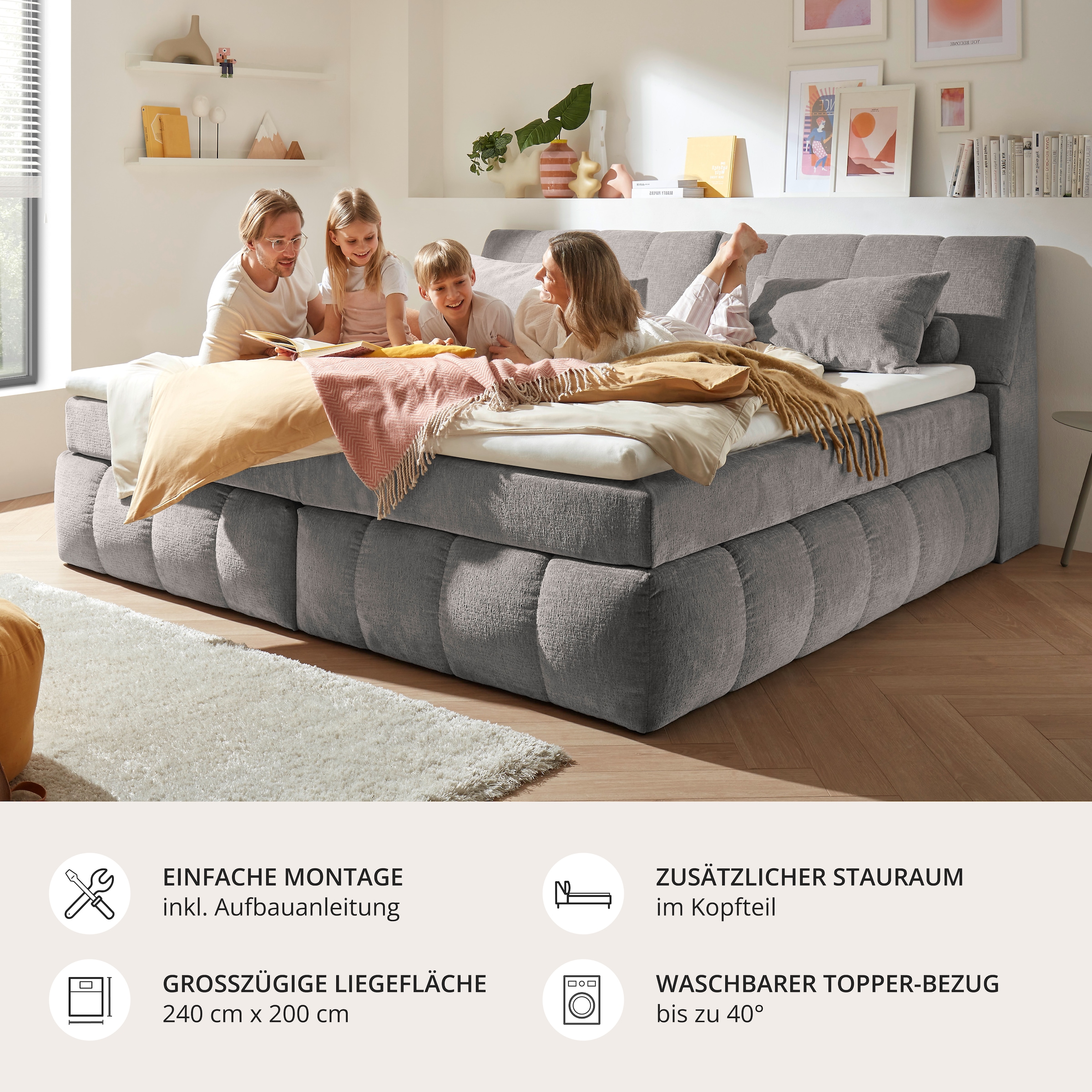 ED EXCITING DESIGN Boxspringbett »Elkford, Familienbett in der Größe 240x200cm« inkl. Stauraum im Kopfteil