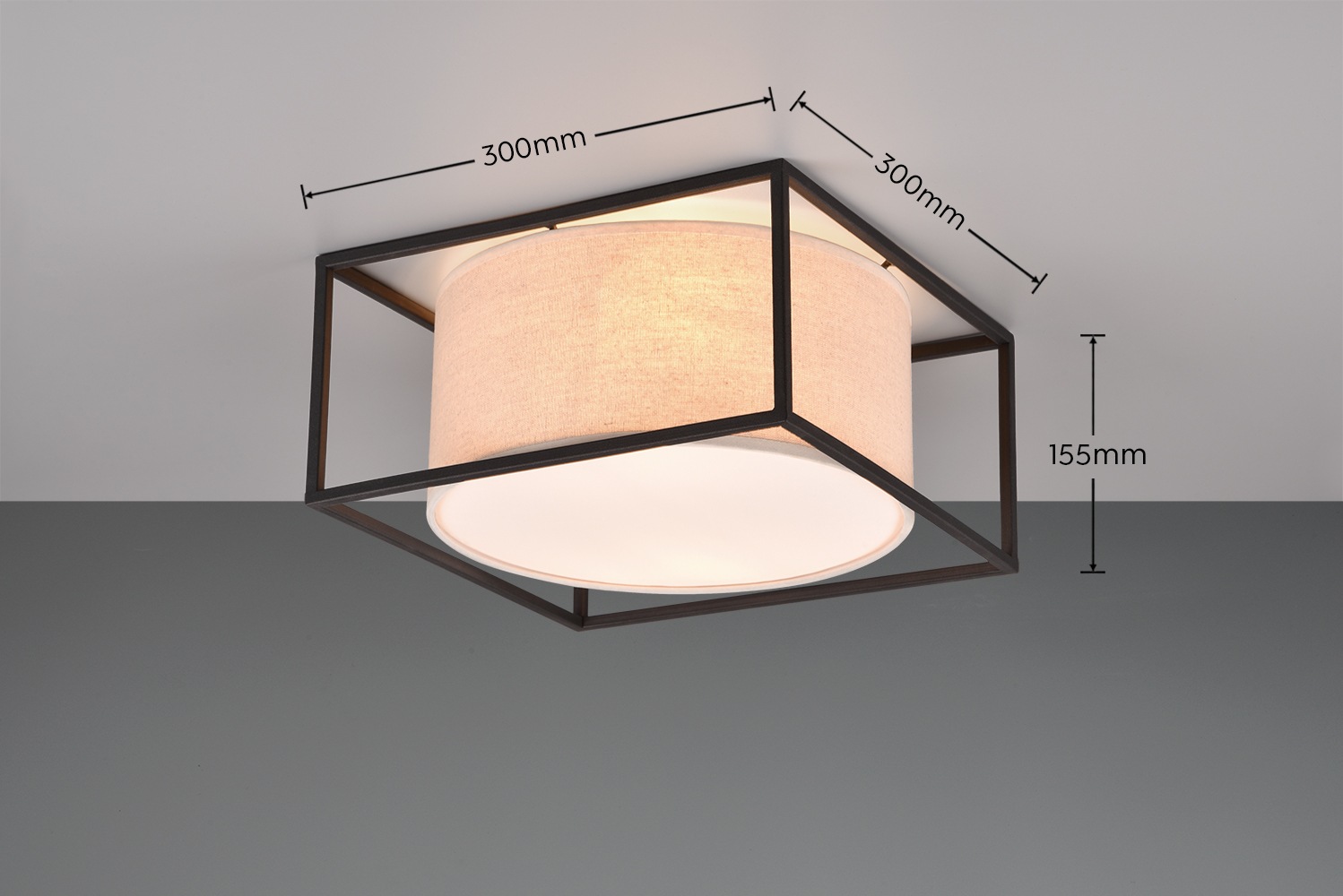 TRIO Leuchten Deckenleuchte »ROSS, 2-flammige Deckenlampe mit Stoffschirm 30x30 cm Höhe 15 cm«, 2 flammig, Leuchtmittel E27 | Leuchtmittel wechselbar, Deckenlampe exkl 2x E27 max 25W Metall schwarz Stoffschirm beige