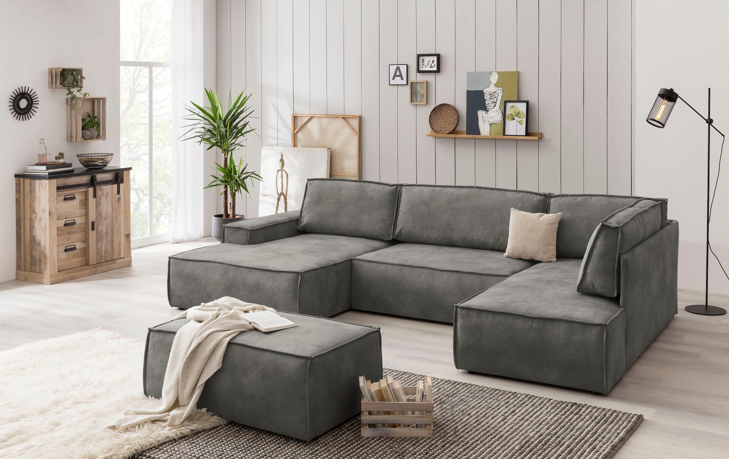 Home affaire Wohnlandschaft »SHERWOOD 329 cm, U-Form, Schlafsofa,«, Schlaffunktion m. Bettkasten (194x139 cm), Cord, Vintage, Samtvelours