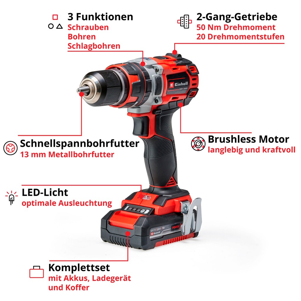 Einhell Akku-Schlagbohrschrauber »TP-CD 18/50 Li-i BL (2x2,0Ah)«, (Set, 5 tlg.), inklusive 2 Akkus und Ladegerät