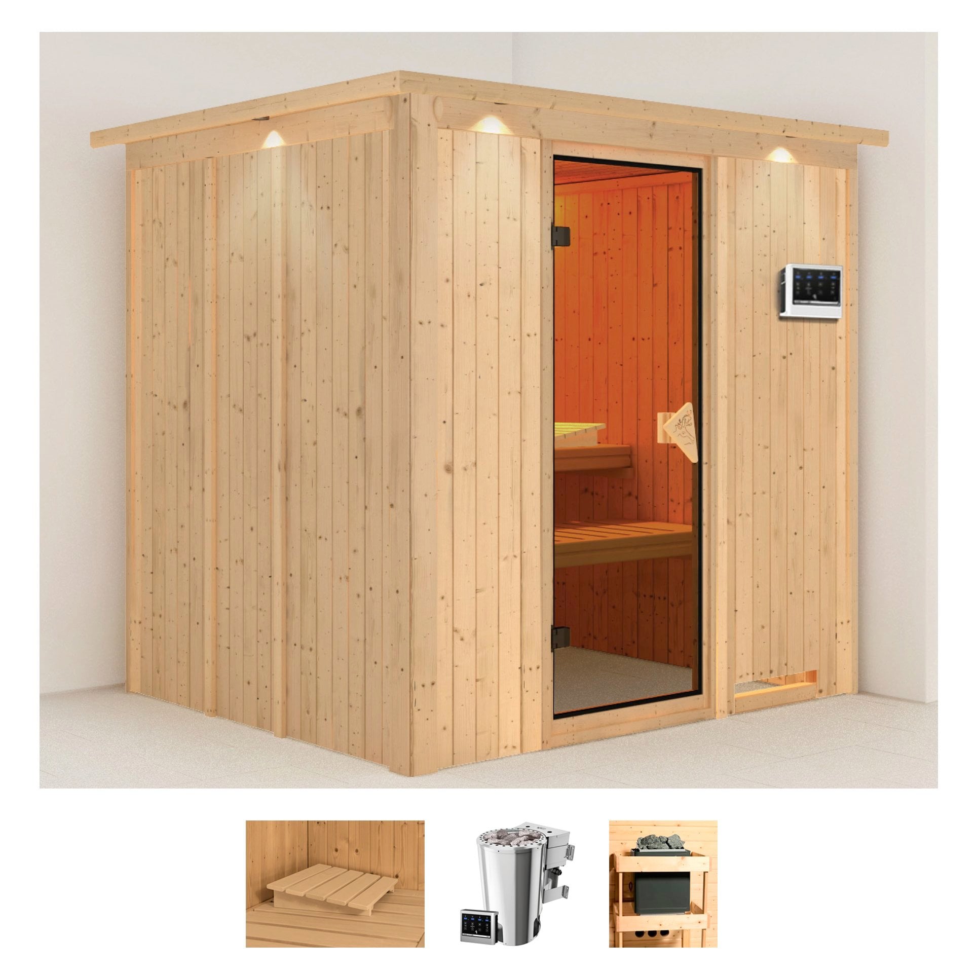 KARIBU Sauna »Dima« Set, Ofen 3, 6 kW Bio-Ofen externe Strg. easy naturbelassen