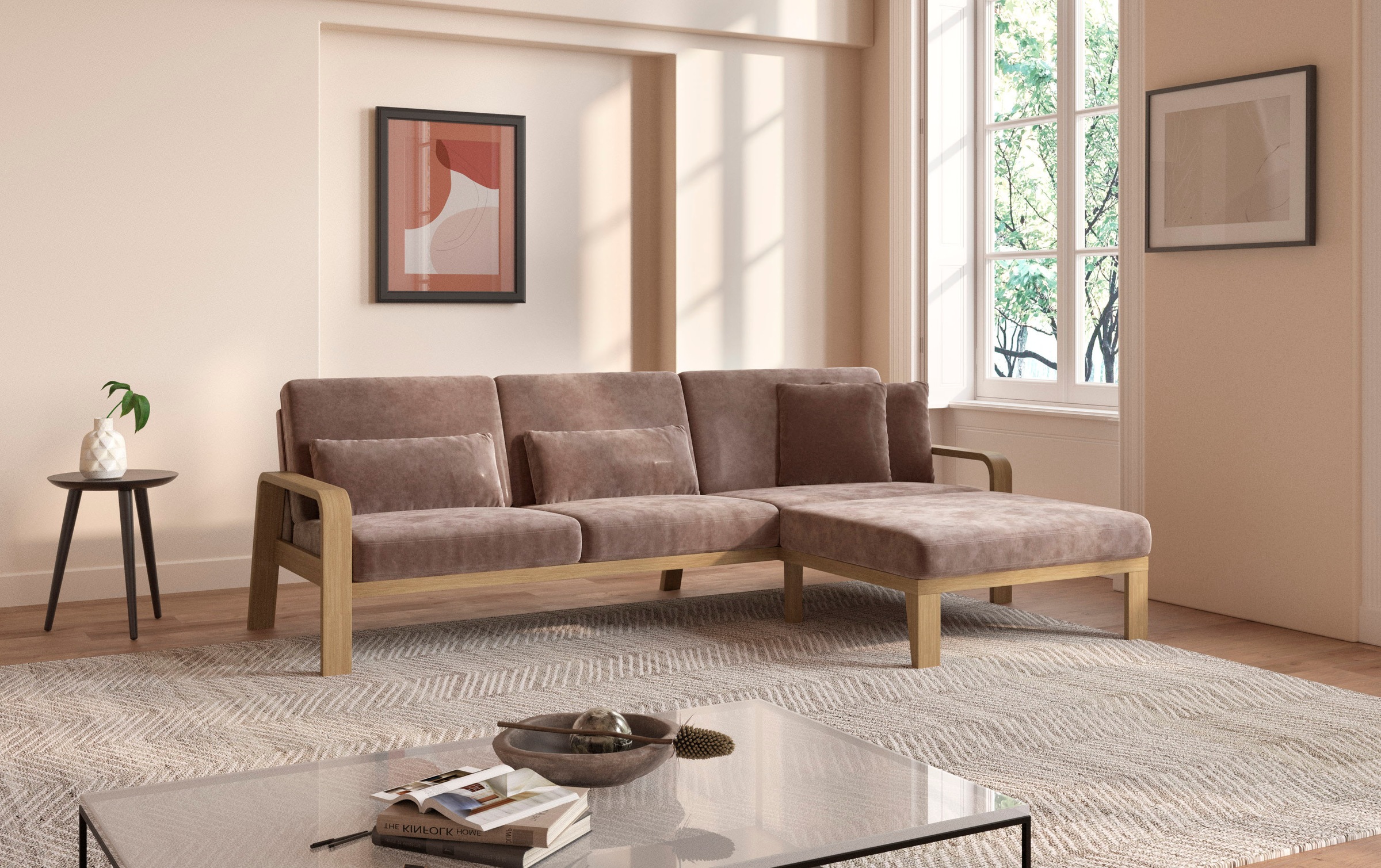 sit&more Ecksofa »Kolding L-Form«, Armlehnen aus Buchenholz in natur, verschiedene Bezüge und Farben