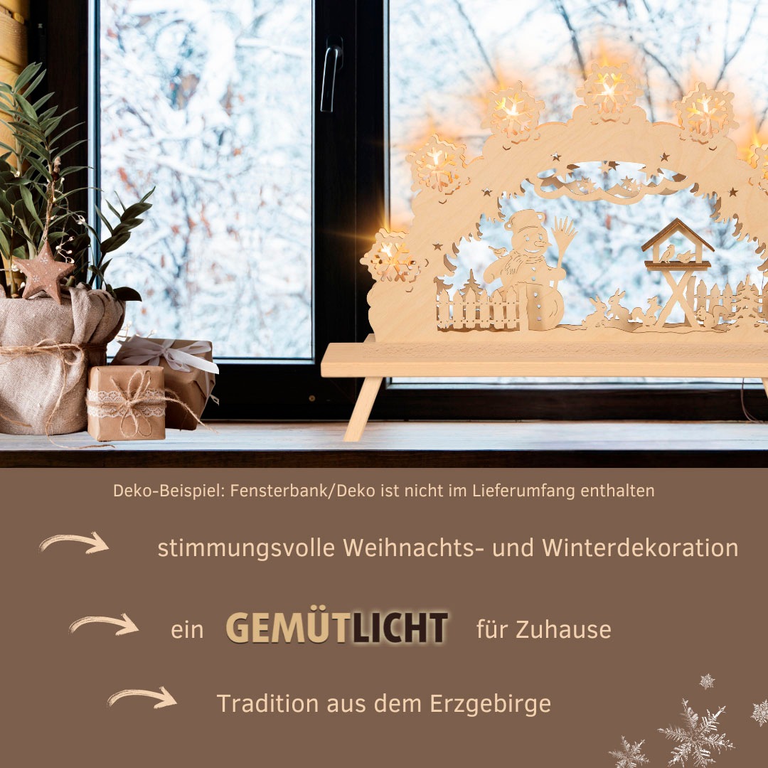 Weigla LED Schwibbogen »Schneemann, Lichterbogen aus Holz NATUR-BRAUN, Made in Germany«, Erzgebirge garantiert, Weihnachtsdeko Innen, Weihnachtsbeleuchtung