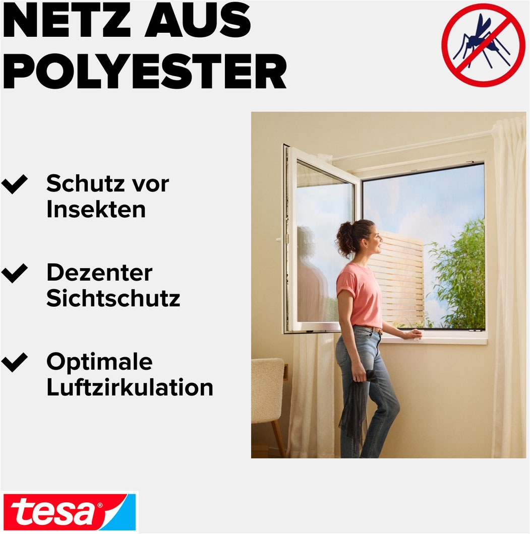 tesa Fliegengitter-Gewebe »Premium für Fenster, Insektenschutz mit Klettband« Packung, Fliegennetz, Klettband, Andrück und Schneidehilfe, 1 Stk. tlg. selbstklebende Insektenschutz - 130 cm x 130 cm