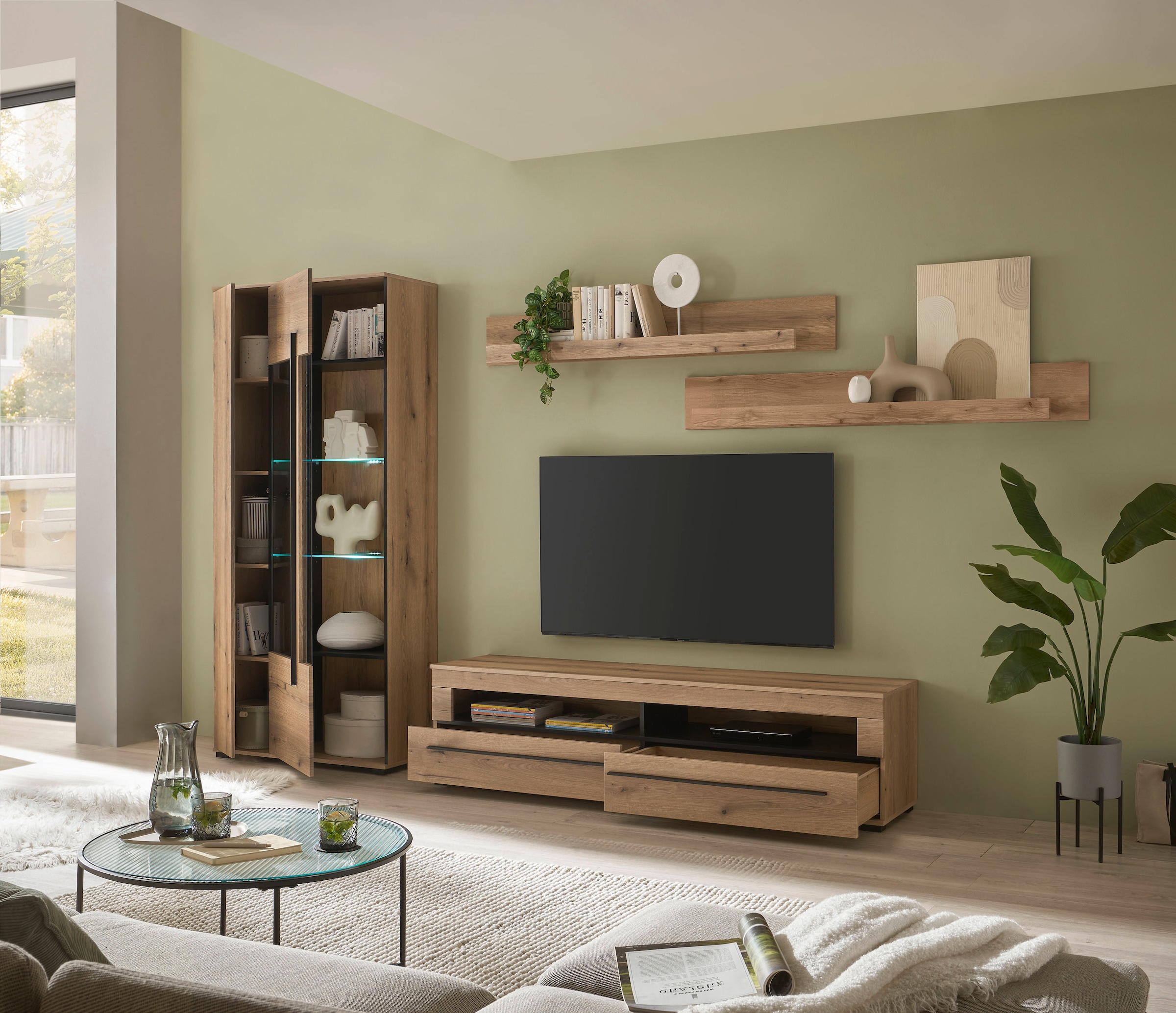INOSIGN Wohnwand »Cantara, moderne Anbauwand, Wohnzimmer-Set, in Eiche Evoke oder Weiß«, (Set), enthält eine Vitrine, ein Lowboard und zwei Wandboards