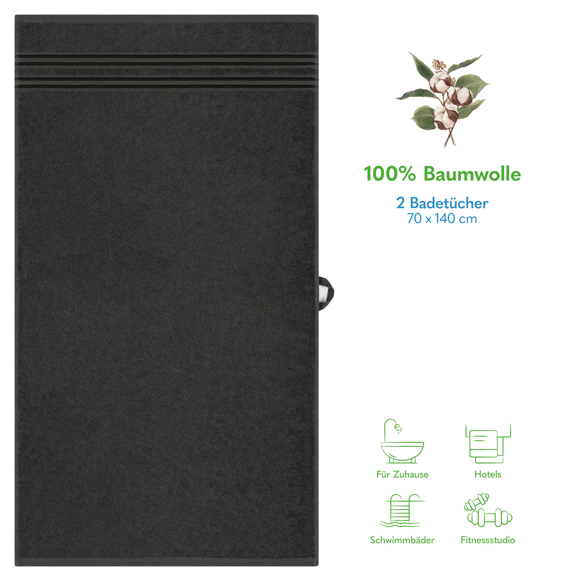 HAMMETEX Duschtuch »2er Set Badetücher 70x140 cm, 100% Baumwolle, Weich & Saugstark«, (Set, 2 St., 2), mit Bordüre, einfarbig, weich