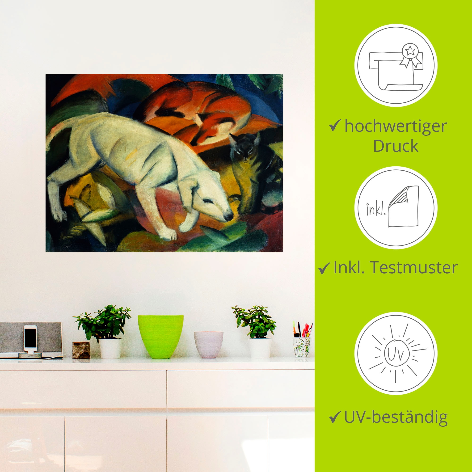 Artland Wandbild »Drei Tiere (Hund Fuchs und Katze). 1912«, Haustiere, (1 St.), als Leinwandbild, Wandaufkleber in verschied. Größen