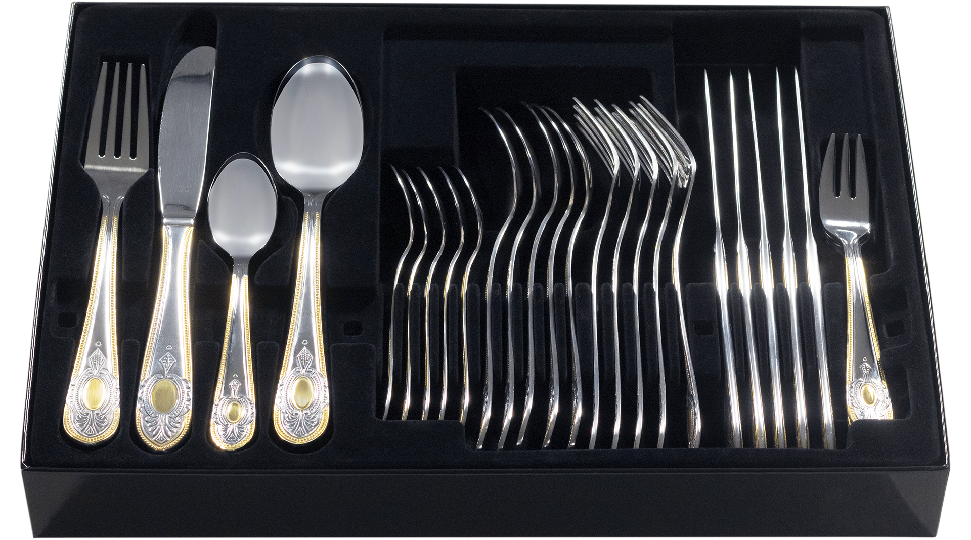 KING Besteck-Set »»BAS GOLD«« mit Dekor in Gold-Optik, inkl. Etui, 4 Küchenmesser, 1 Schneidebrett