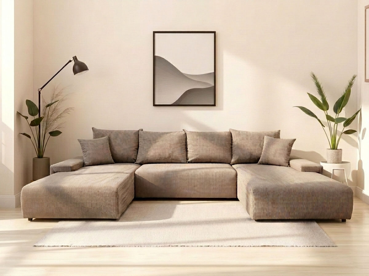 WERK2 Wohnlandschaft »Amalfi mit Bett & Bettkasten, Cord, bequem, organisches Design« Cord, U-Form, XXL, Schlaffunktion, Bettkasten