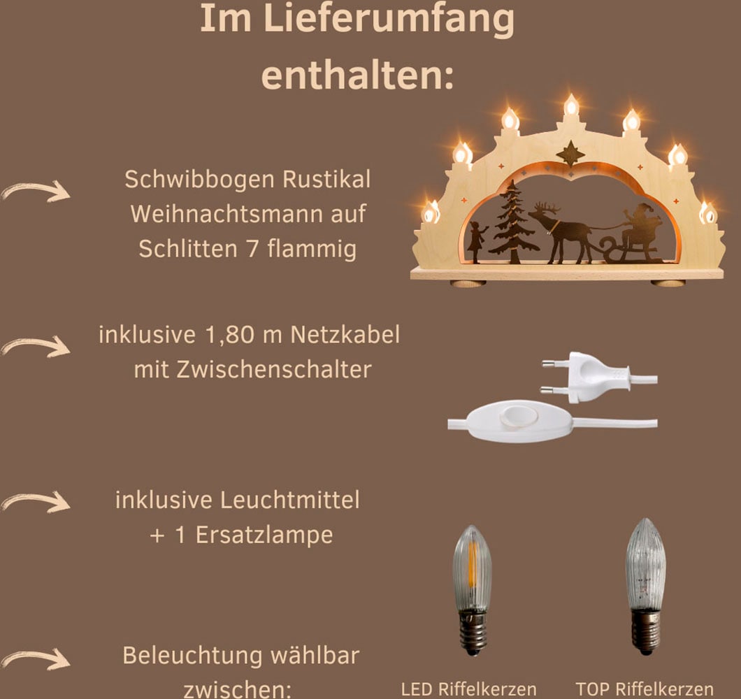 Weigla LED Schwibbogen »Weihnachtsmann auf Schlitten, Lichterbogen Rustikal, Holz, NATUR-BRAUN«, Erzgebirge garantiert, Weihnachtsdeko Innen, Weihnachtsbeleuchtung