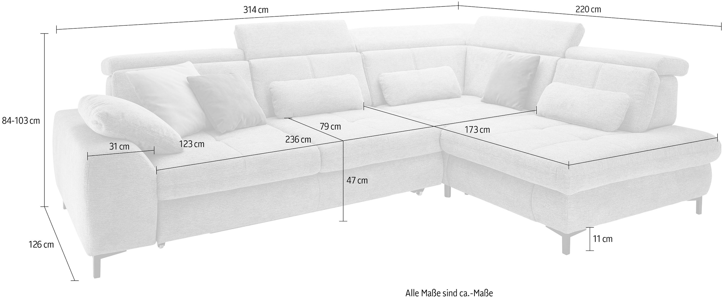 set one by Musterring Ecksofa »SO 3400 Sitzhöhe 47cm oder 49cm, Sitztiefe verstellbar, B/T 317/220 cm«, Kaltschaumpolsterung, Flachgewebe, whlw. mit Funktionen, Sitzhöhe 47