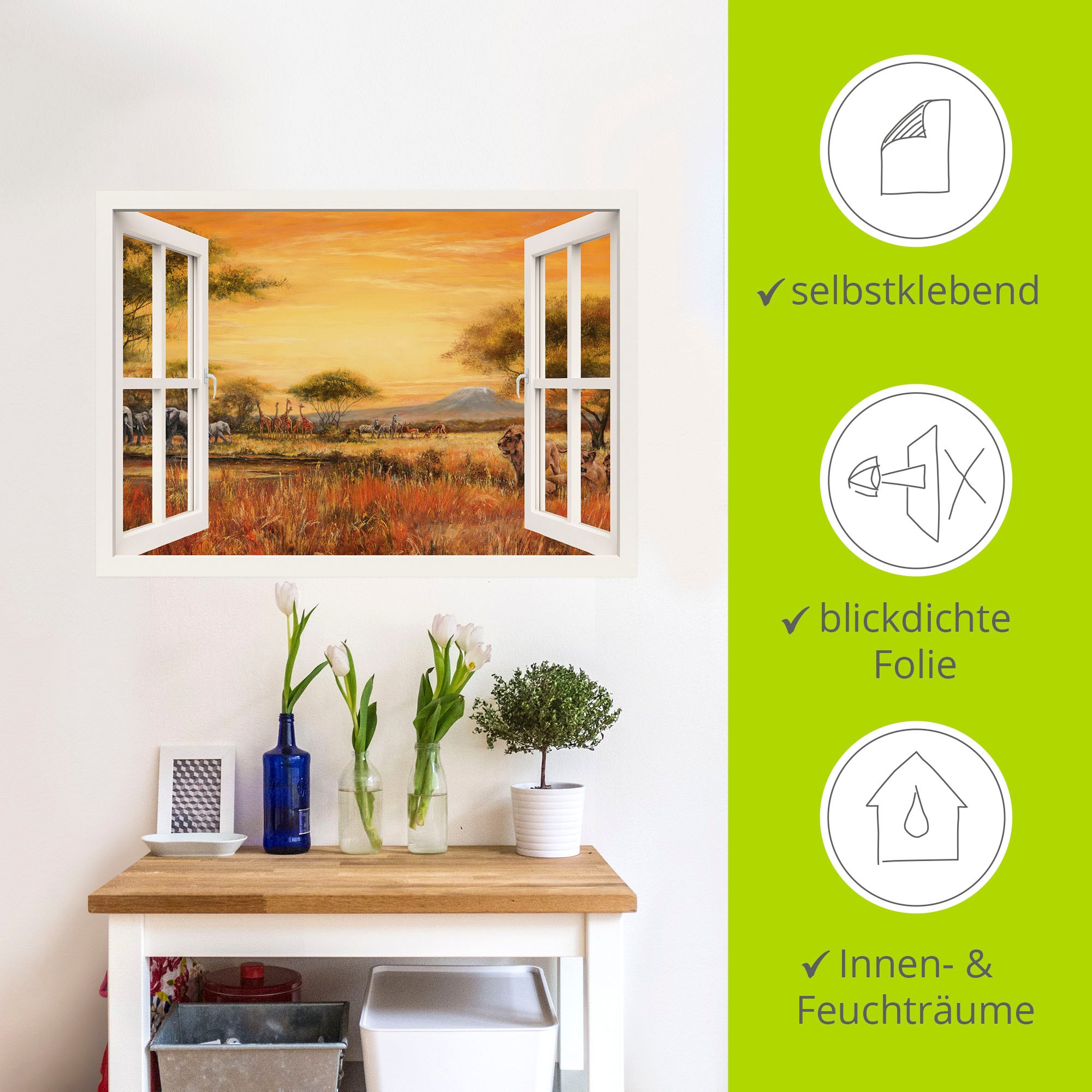 Artland Wandfolie »Afrikanische Steppe Löwen, weiß«, Fensterblick, (1 St.), selbstklebend