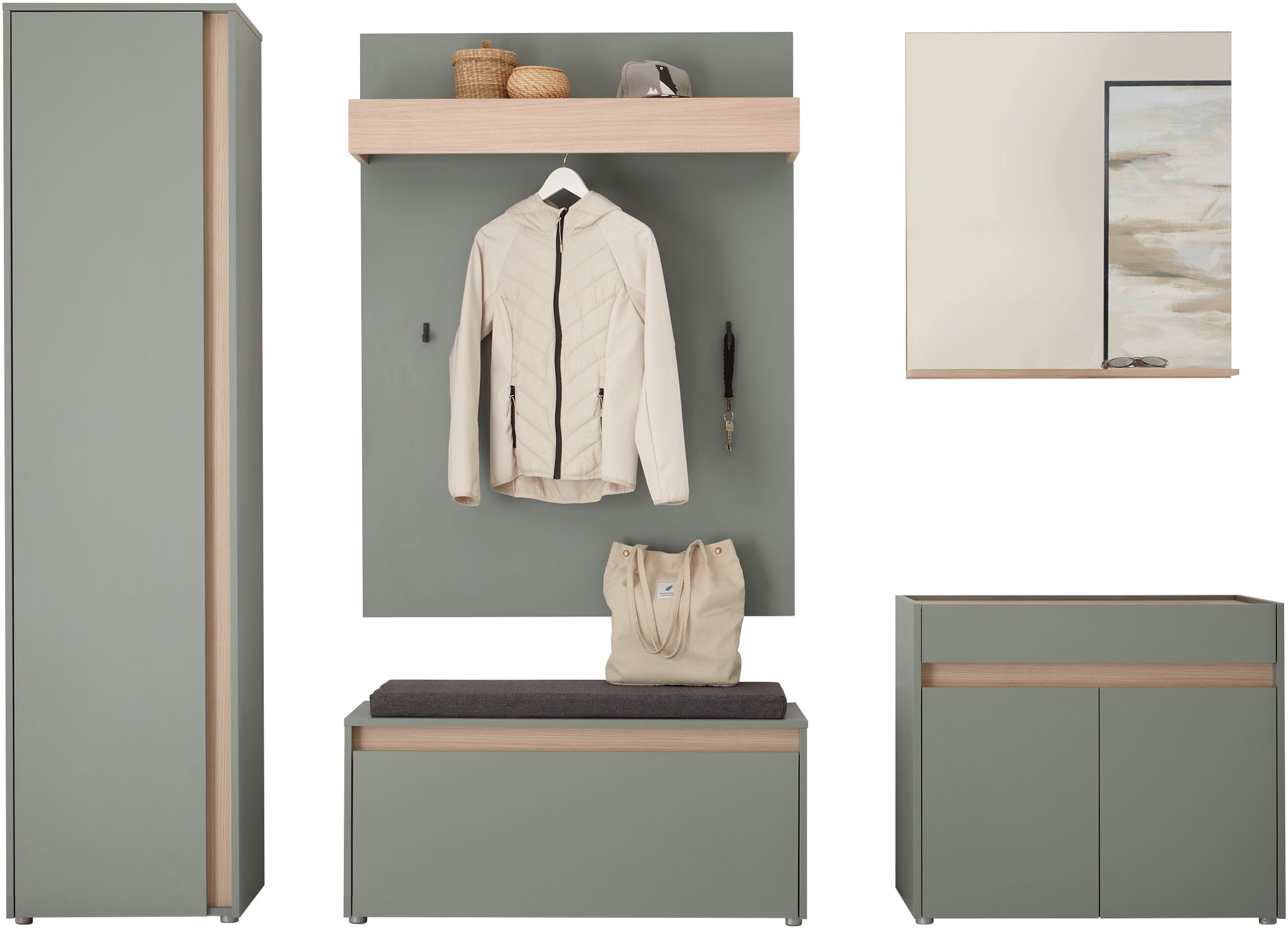 INOSIGN Garderoben-Set »GIRON/CiTY, moderne Garderobe, Komplettset mit viel Stauraum«, (Komplett-Set, 5 St.), enthält Schrank, Kommode, Spiegel, Paneel & Schuhbank +Sitzkissen