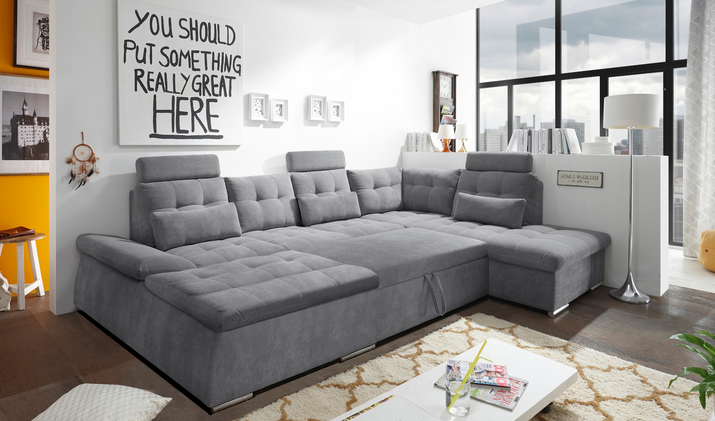 ED EXCITING DESIGN Wohnlandschaft »Nalo U-Form mit Bettfunktion, Bettkasten«, Armteilverstellung, Kopfstützen & 3 Nierenkissen