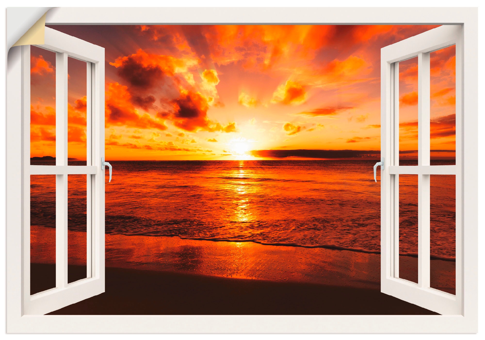 Artland Wandbild »Fensterblick Sonnenuntergang am Strand«, Fensterblick, (1  St.), als Leinwandbild, Wandaufkleber oder Poster in versch. Größen auf  Rechnung bestellen