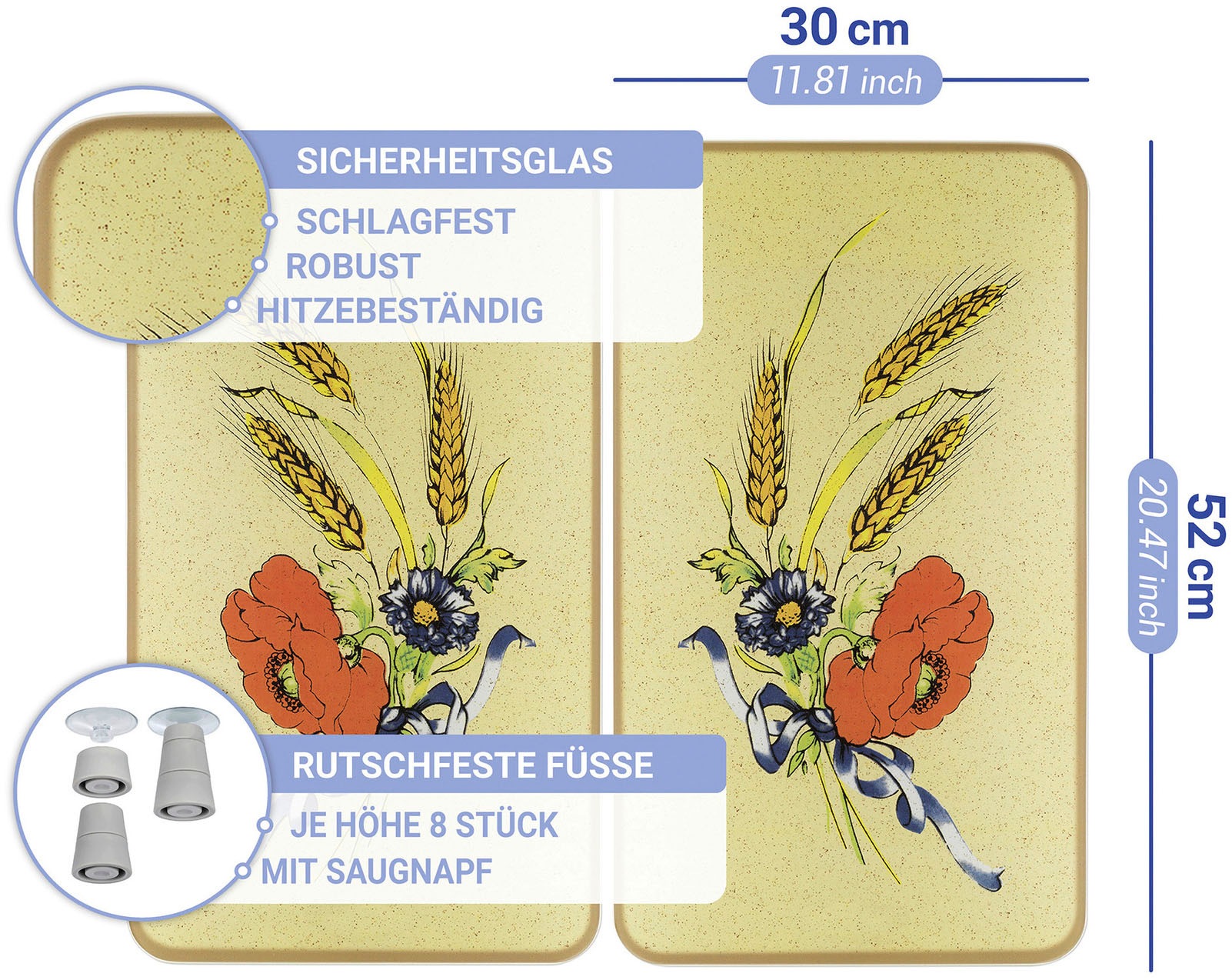 WENKO Herd-Abdeckplatte »Universal Modell Kornblumen«, (Set, 2 tlg.), Herdabdeckung für alle Herdarten, kratzfest, mit rutschfesten Füßen