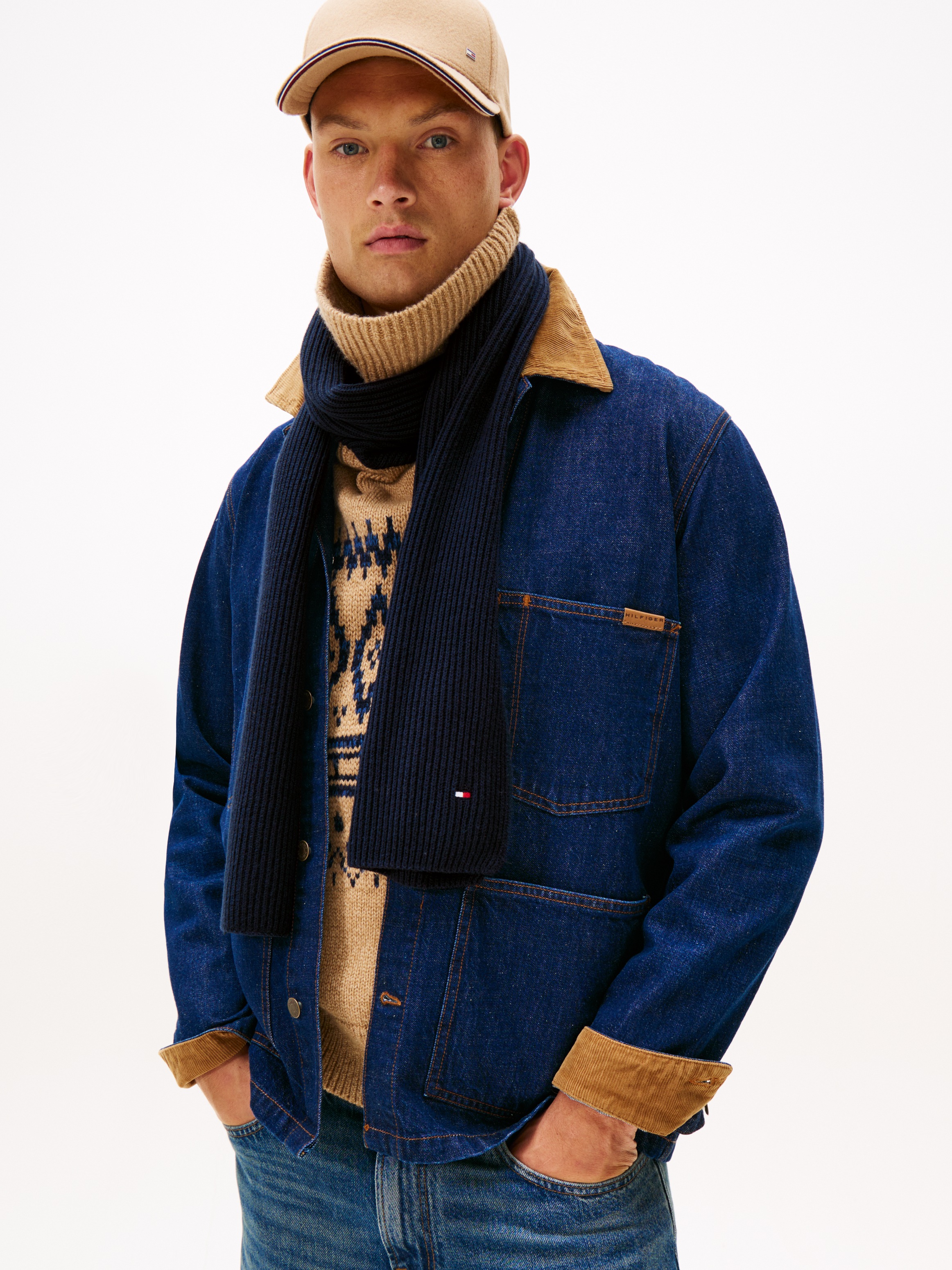 Tommy Hilfiger Strickschal »TH FLAG PIMA COTTON CASH SCARF« mit Logostickerei, mit Kaschmiranteil Unisex